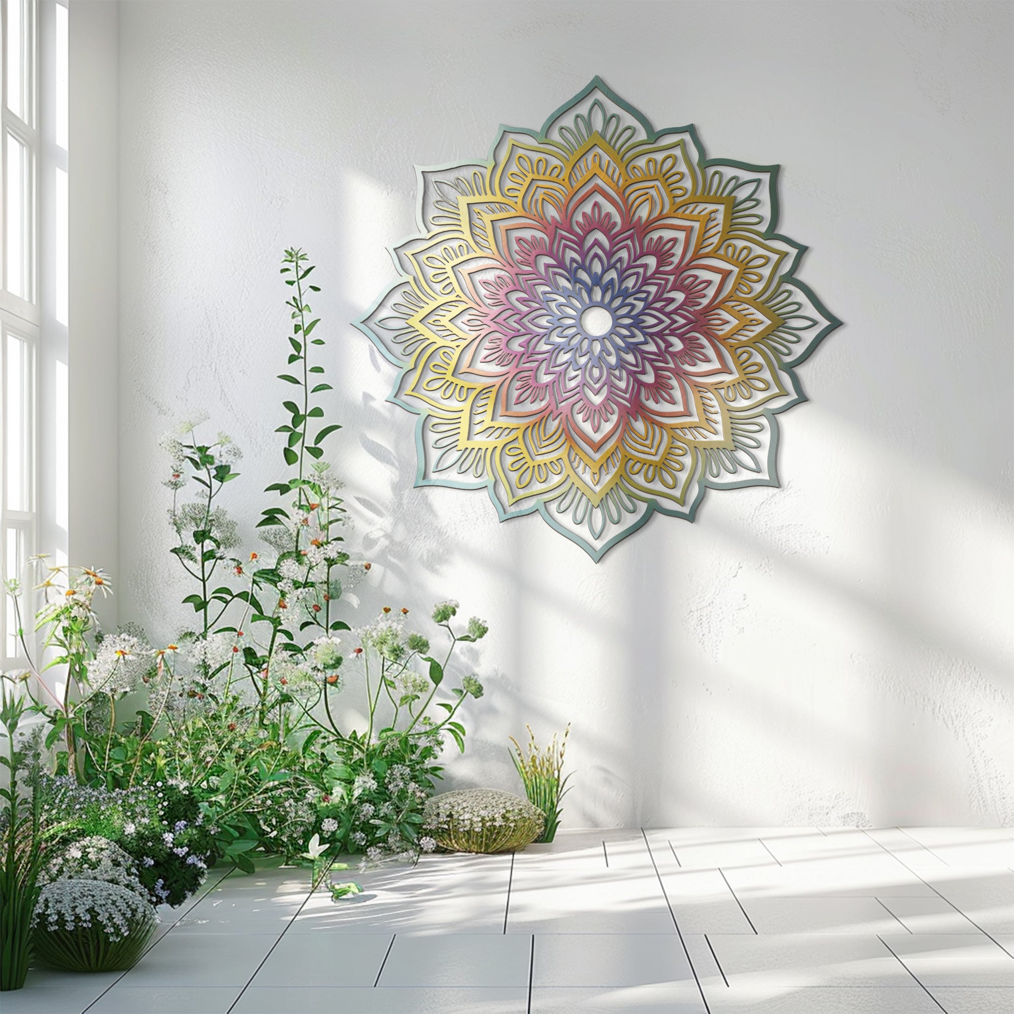 Mandala Flower Wall Art – Boho Rainbow Style UV Printed Metal Decor for Living Room &amp; Meditation Space