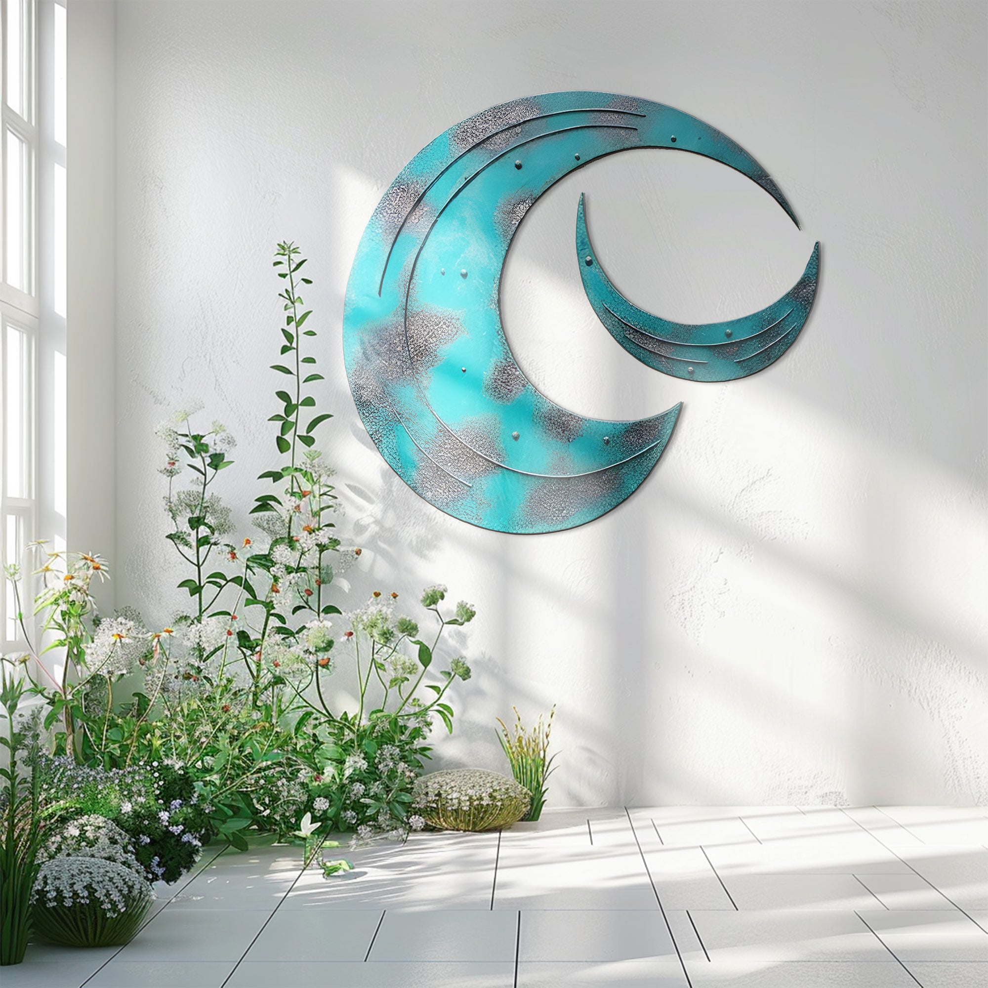 Crescent Moon Wall Art – Rustic Patina Style UV Printed Metal Decor for Bedroom &amp; Outdoor Garden