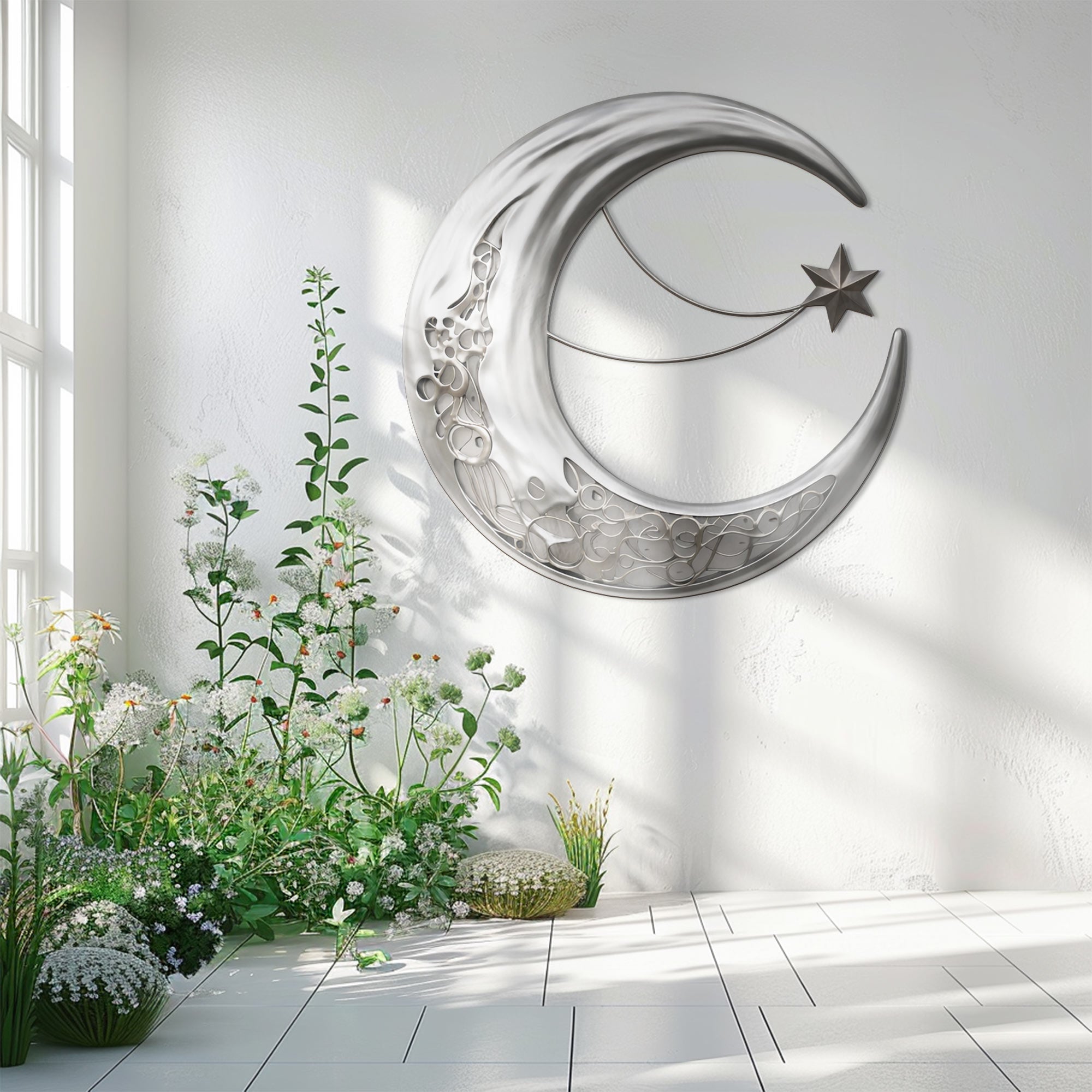 Silver Crescent Moon Wall Art – Modern Celestial UV Printed Metal Decor for Living Room &amp; Bedroom