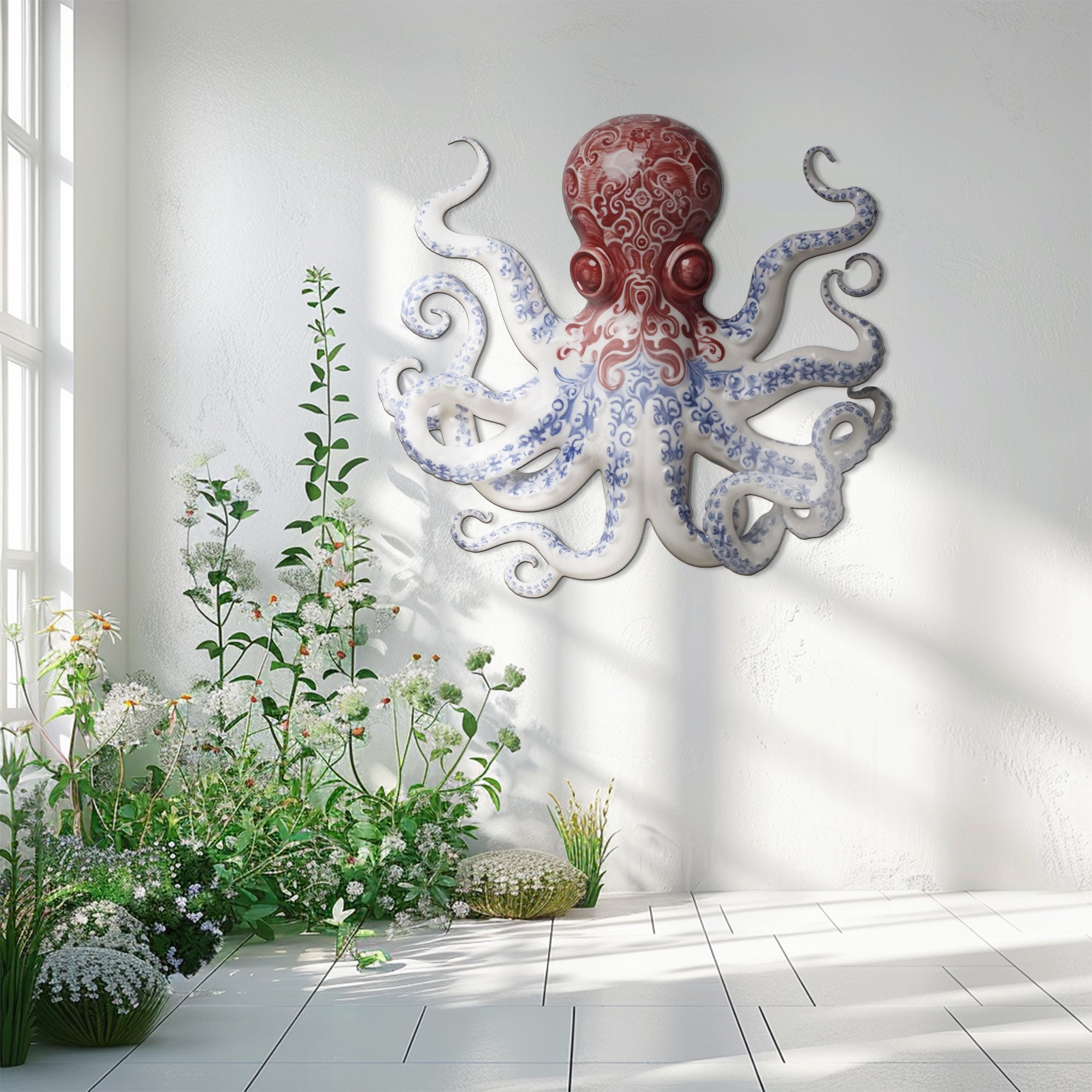 Red Blue Chinoiserie Octopus – Elegant Porcelain Style Metal Wall Art Decor for Home &amp; Outdoor
