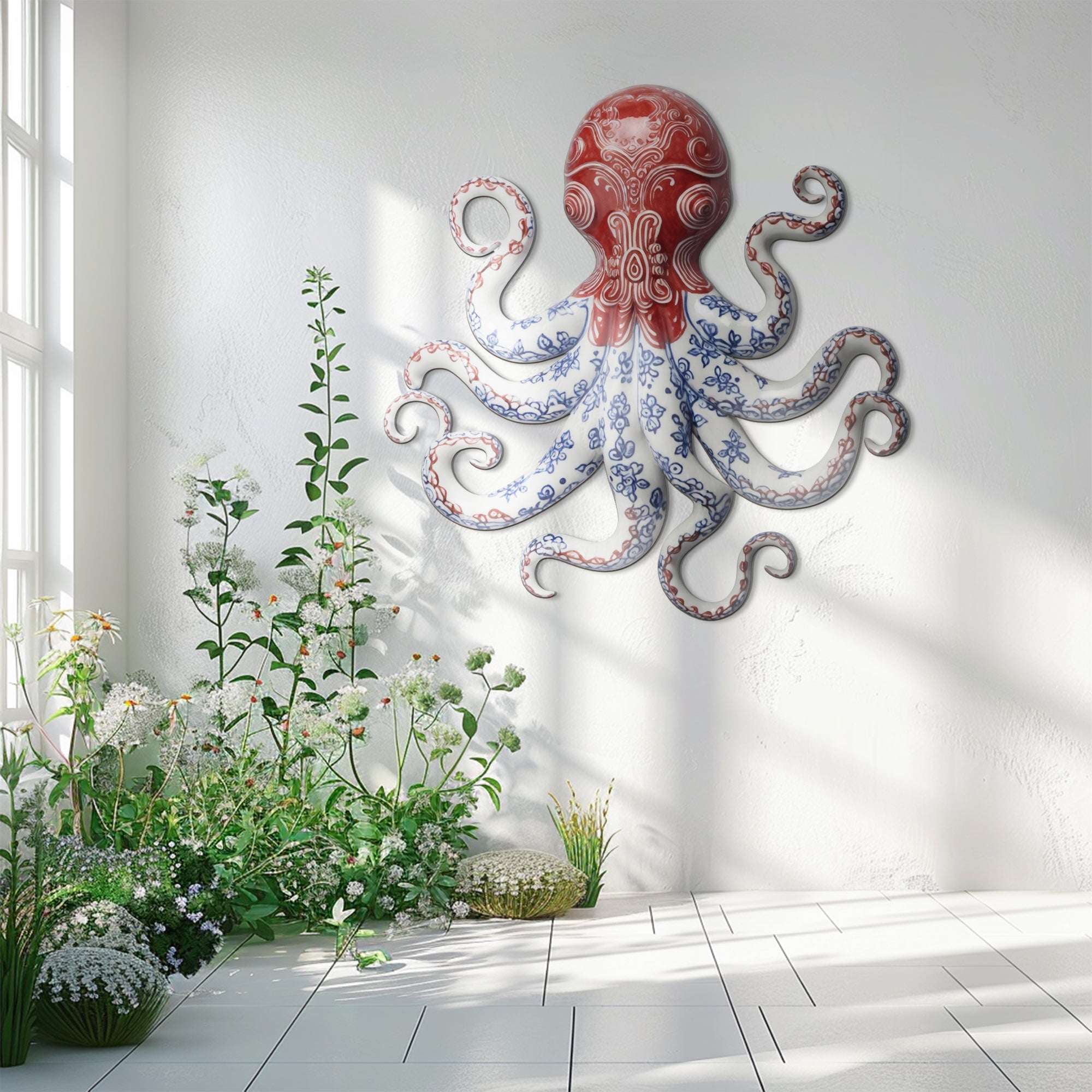 Red Chinoiserie Octopus – Elegant Blue &amp; White Porcelain Style Metal Wall Art Decor