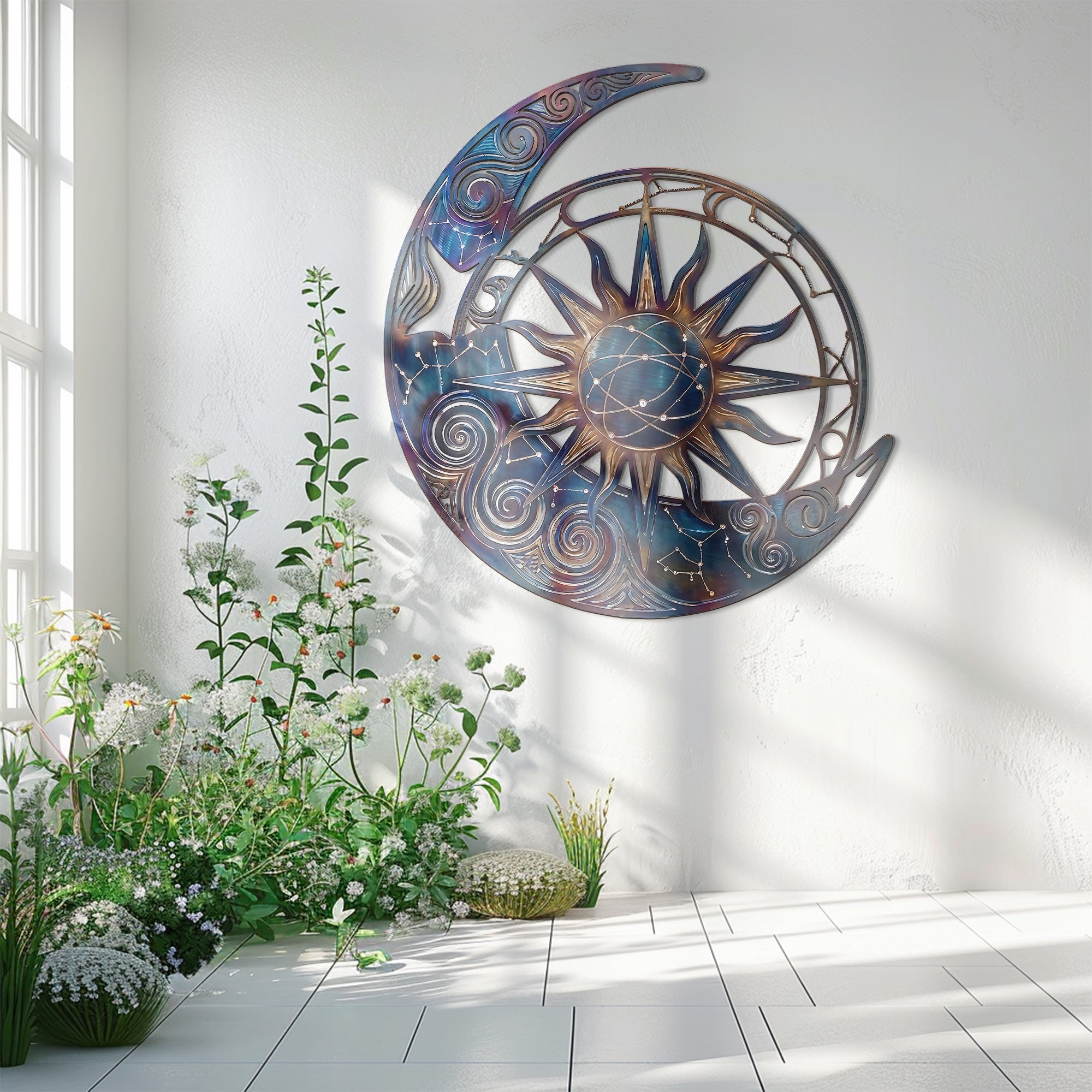 Sun Moon Metal Wall Art – Boho UV Printed Aluminum Wall Decor for Indoor Outdoor Space