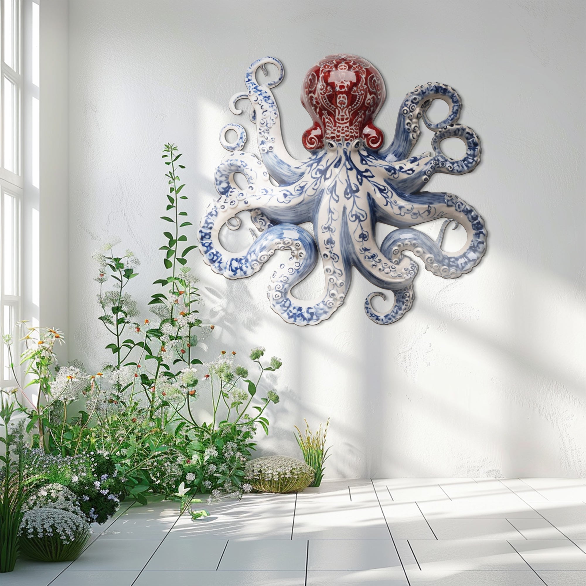 Blue Red Chinoiserie Octopus – Elegant Porcelain Style Metal Wall Art Decor for Home &amp; Outdoor