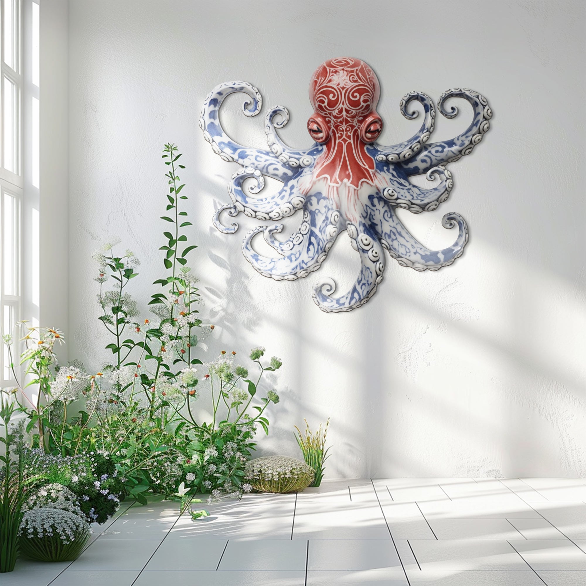 Red Blue Chinoiserie Octopus – Elegant Porcelain Style Metal Wall Art Decor for Home &amp; Outdoor