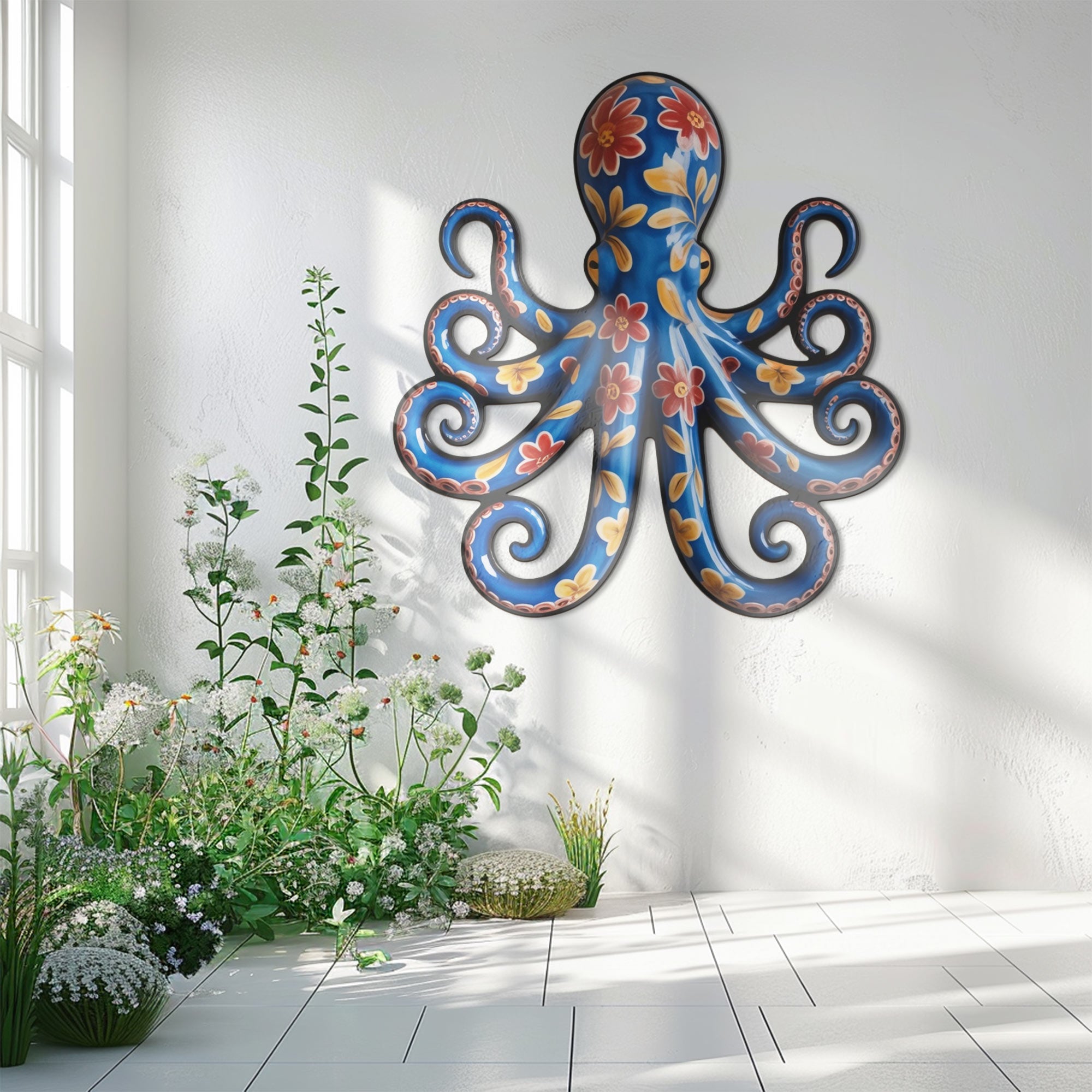 Floral Blue Octopus – Vibrant Mexican Talavera Style Metal Wall Art Decor for Home &amp; Outdoor