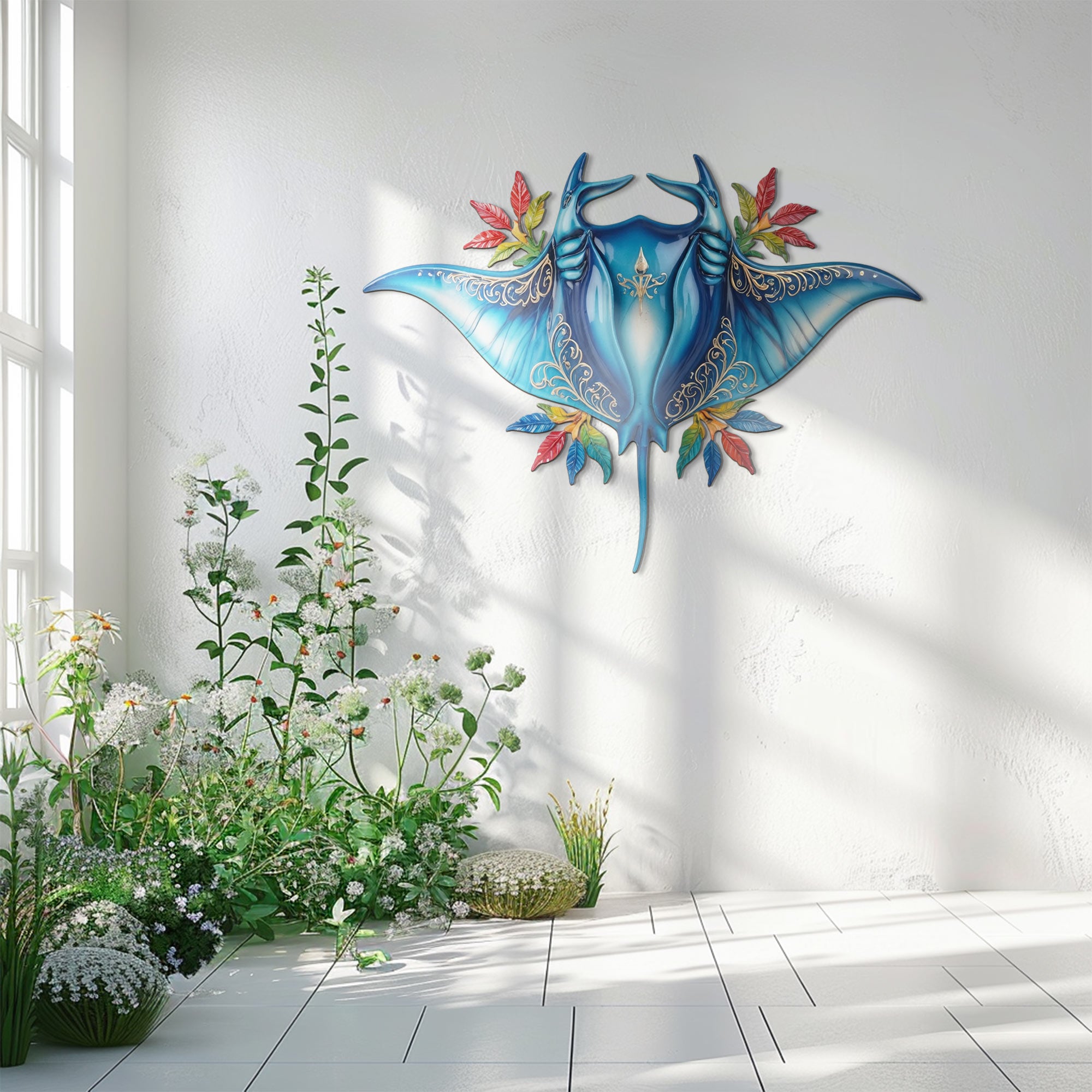 Blue Tropical Stingray – Vibrant Fantasy Style Metal Wall Art Decor for Home &amp; Outdoor