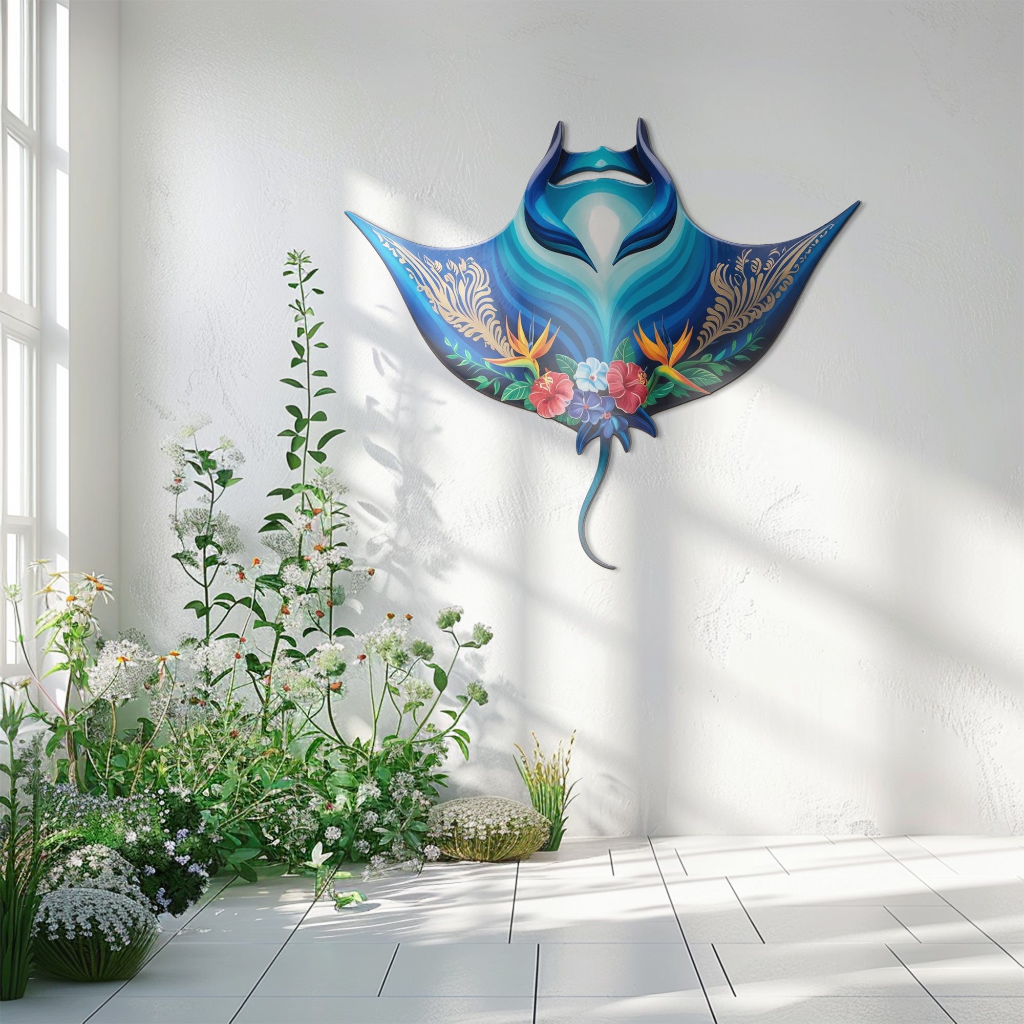 Tropical Blue Stingray – Vibrant Ocean Floral Style Metal Wall Art Decor for Home &amp; Outdoor