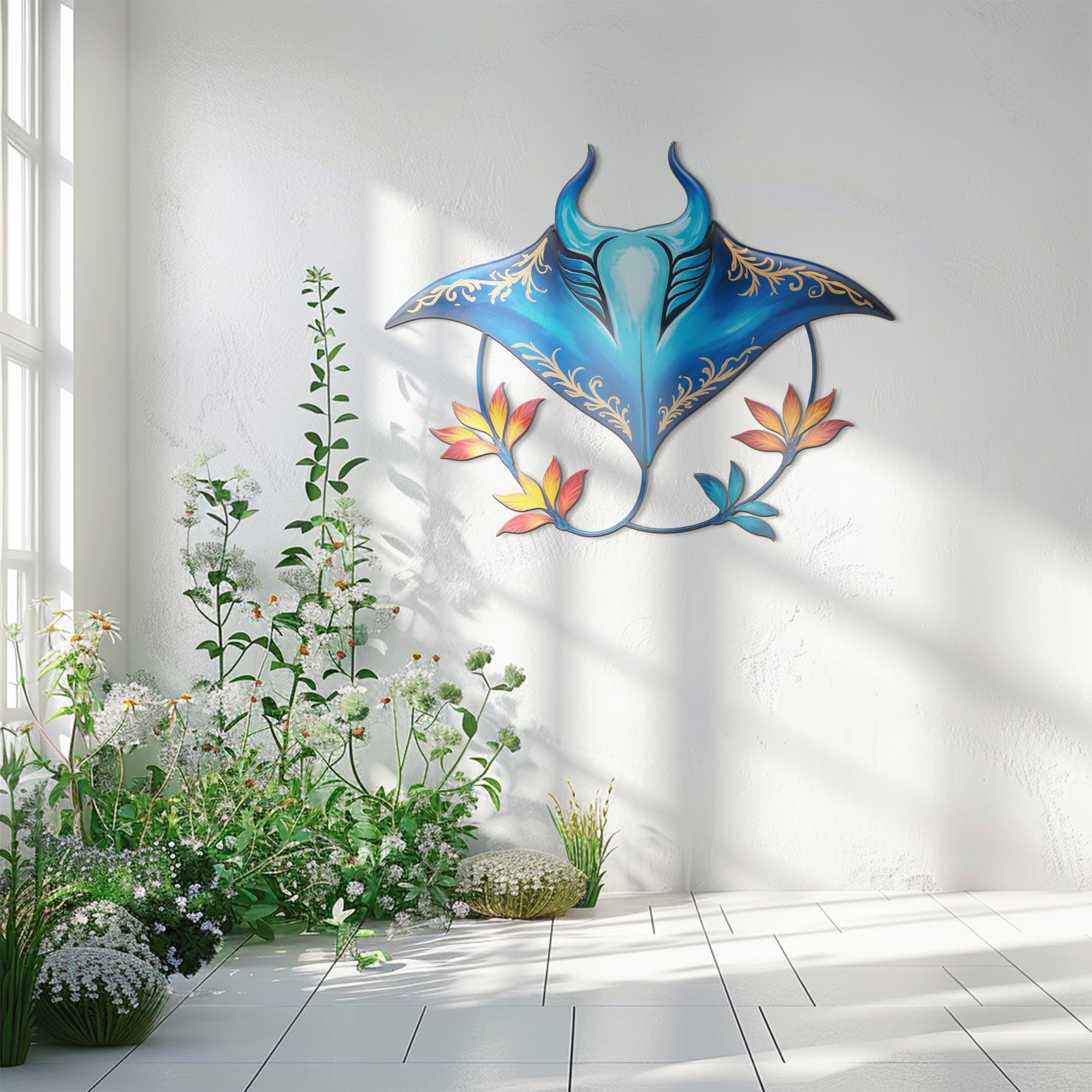 Blue Golden Stingray – Elegant Tropical Floral Style Metal Wall Art Decor for Home &amp; Outdoor