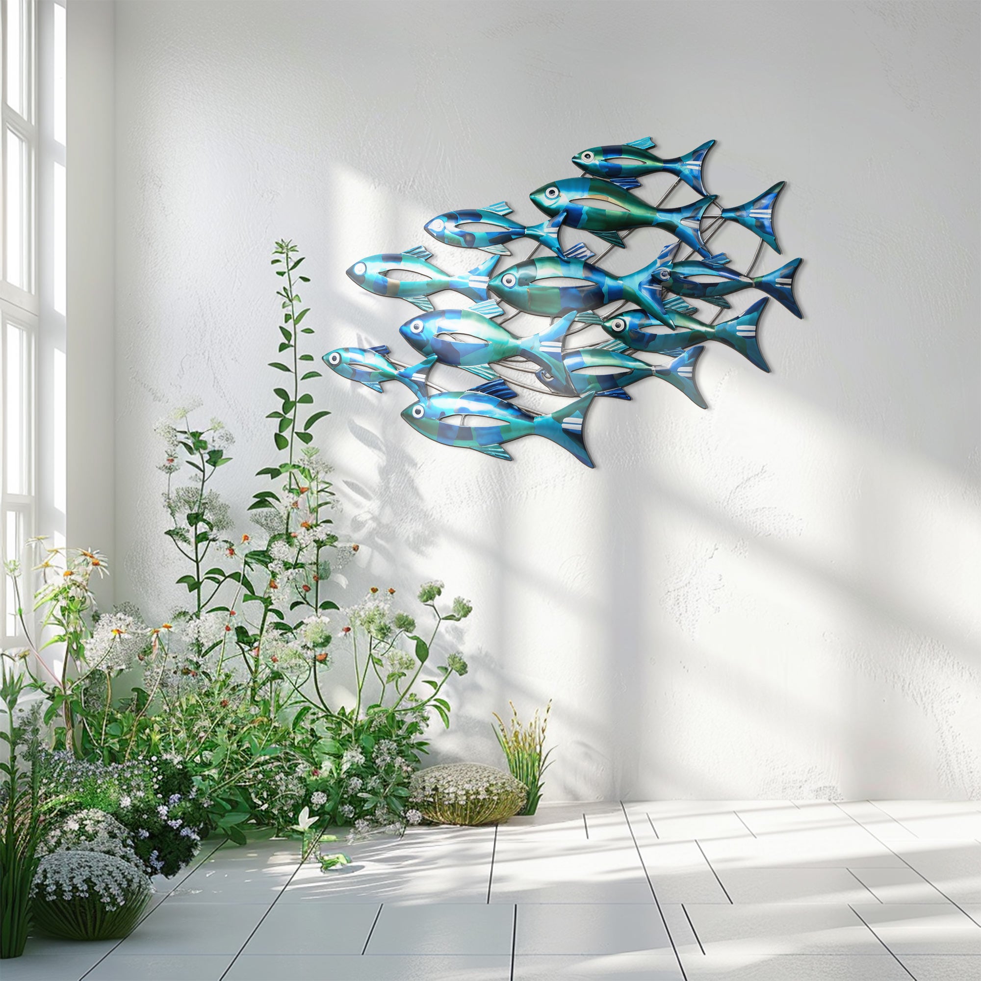 School of Blue Fish – Vibrant Ocean Metallic Style Metal Wall Art Decor for Home &amp; Outdoor