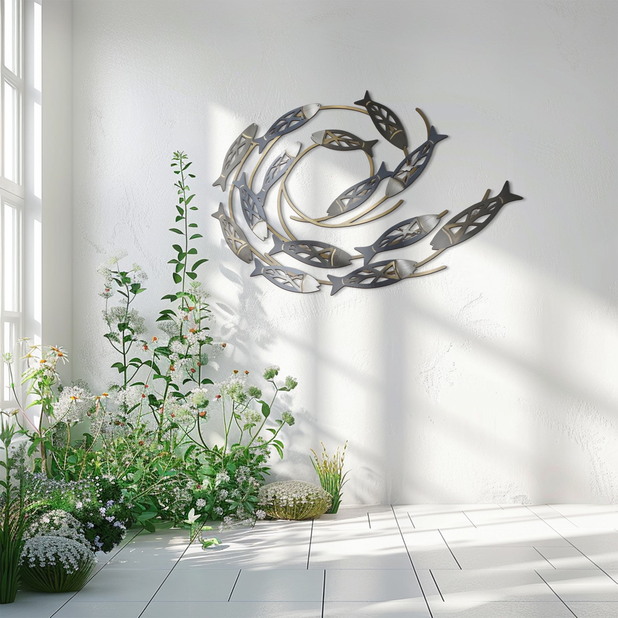 Swirling School of Fish – Elegant Metallic Ocean Style Metal Wall Art Decor for Home &amp; Outdoor