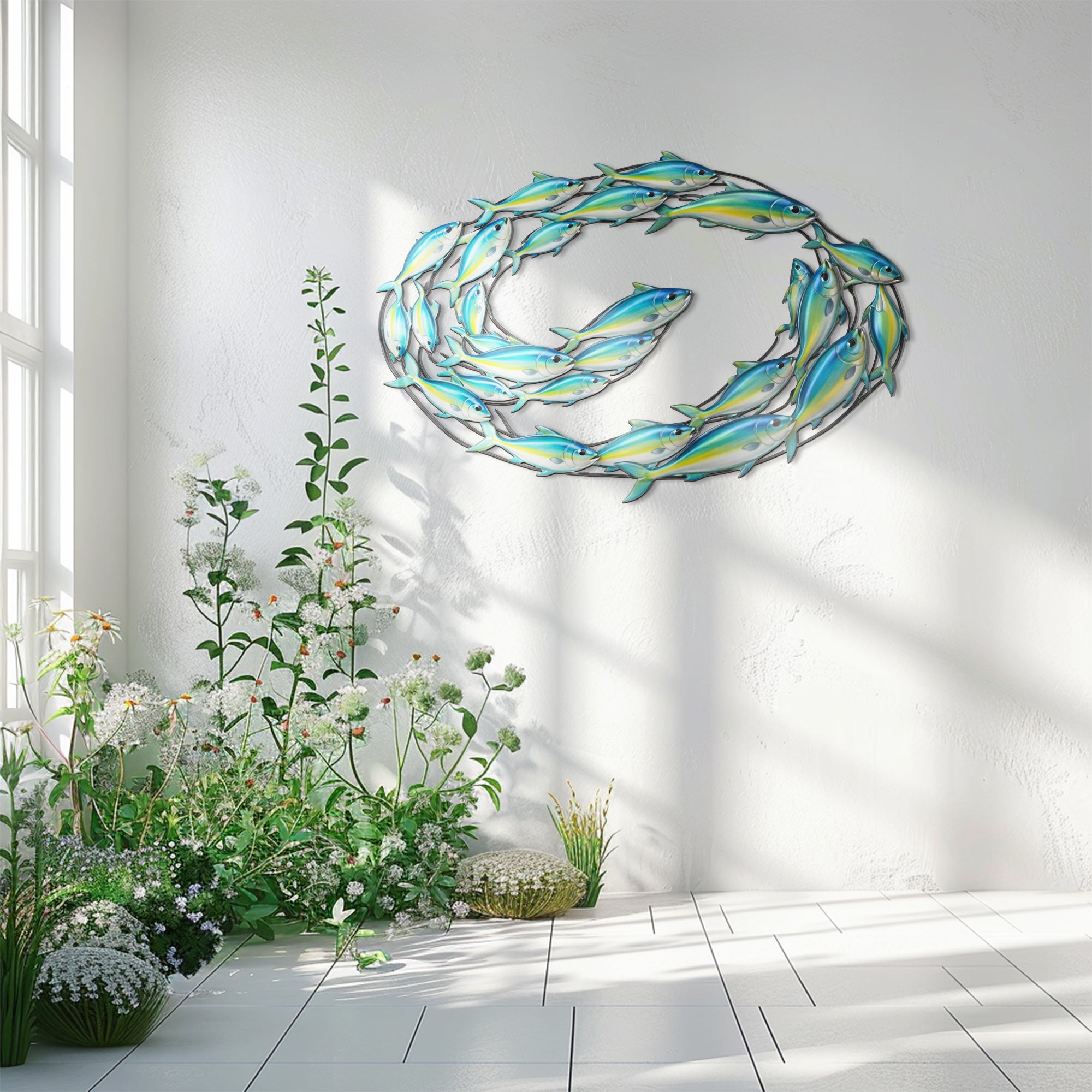 Swirling School of Fish – Vibrant Blue Yellow Ocean Style Metal Wall Art Decor for Home &amp; Outdoor