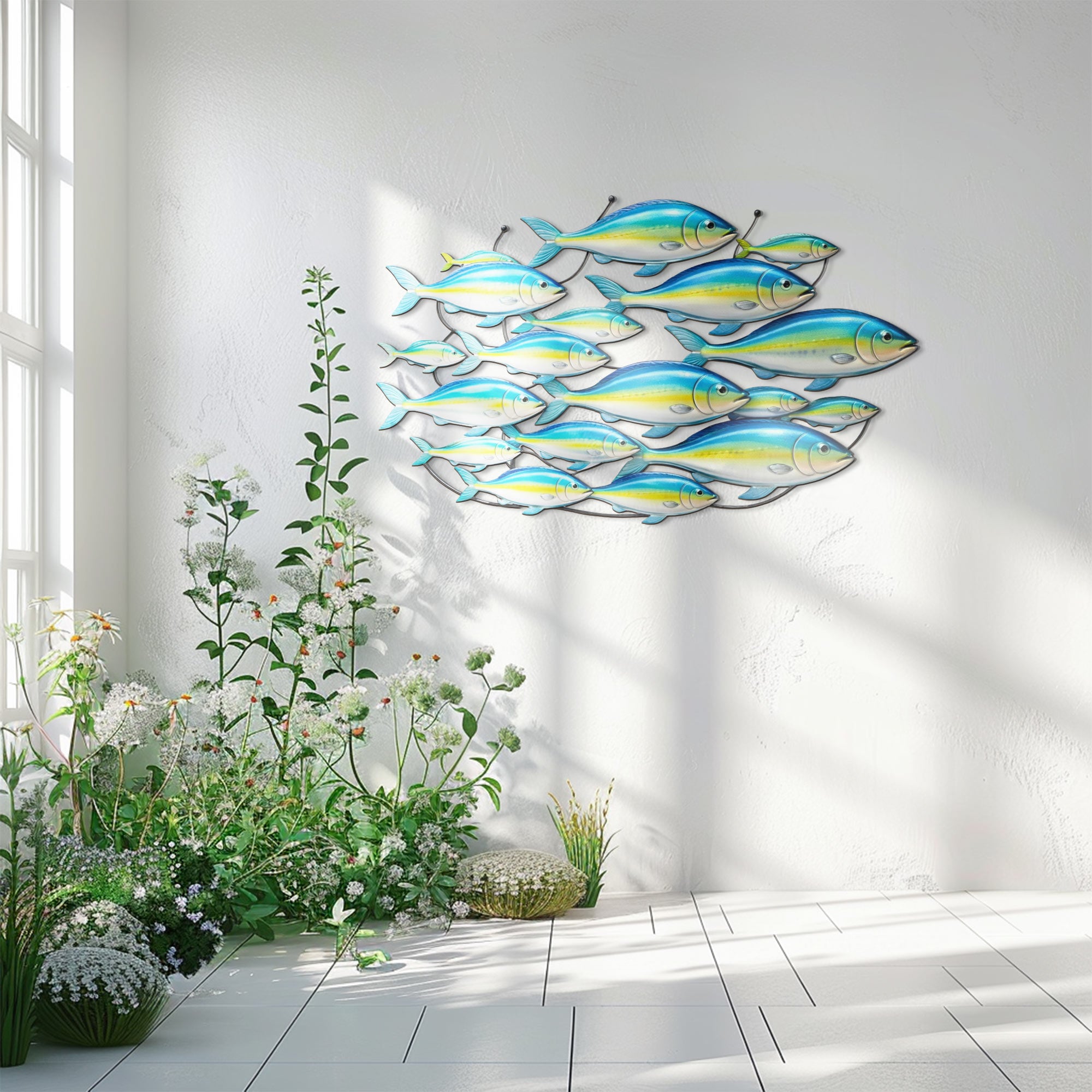 School of Blue Yellow Fish – Vibrant Tropical Ocean Style Metal Wall Art Decor for Home &amp; Outdoor