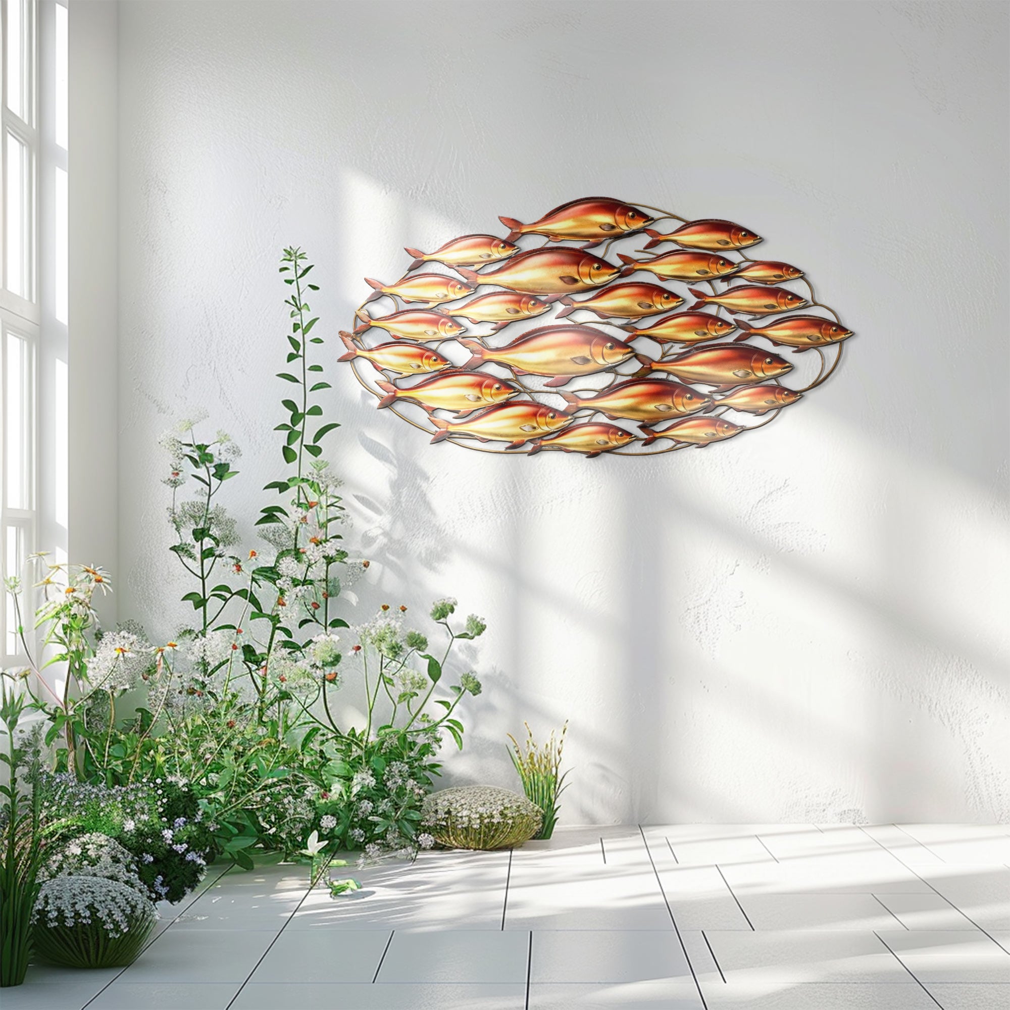 Golden Red School of Fish – Vibrant Tropical Ocean Style Metal Wall Art Decor for Home &amp; Outdoor