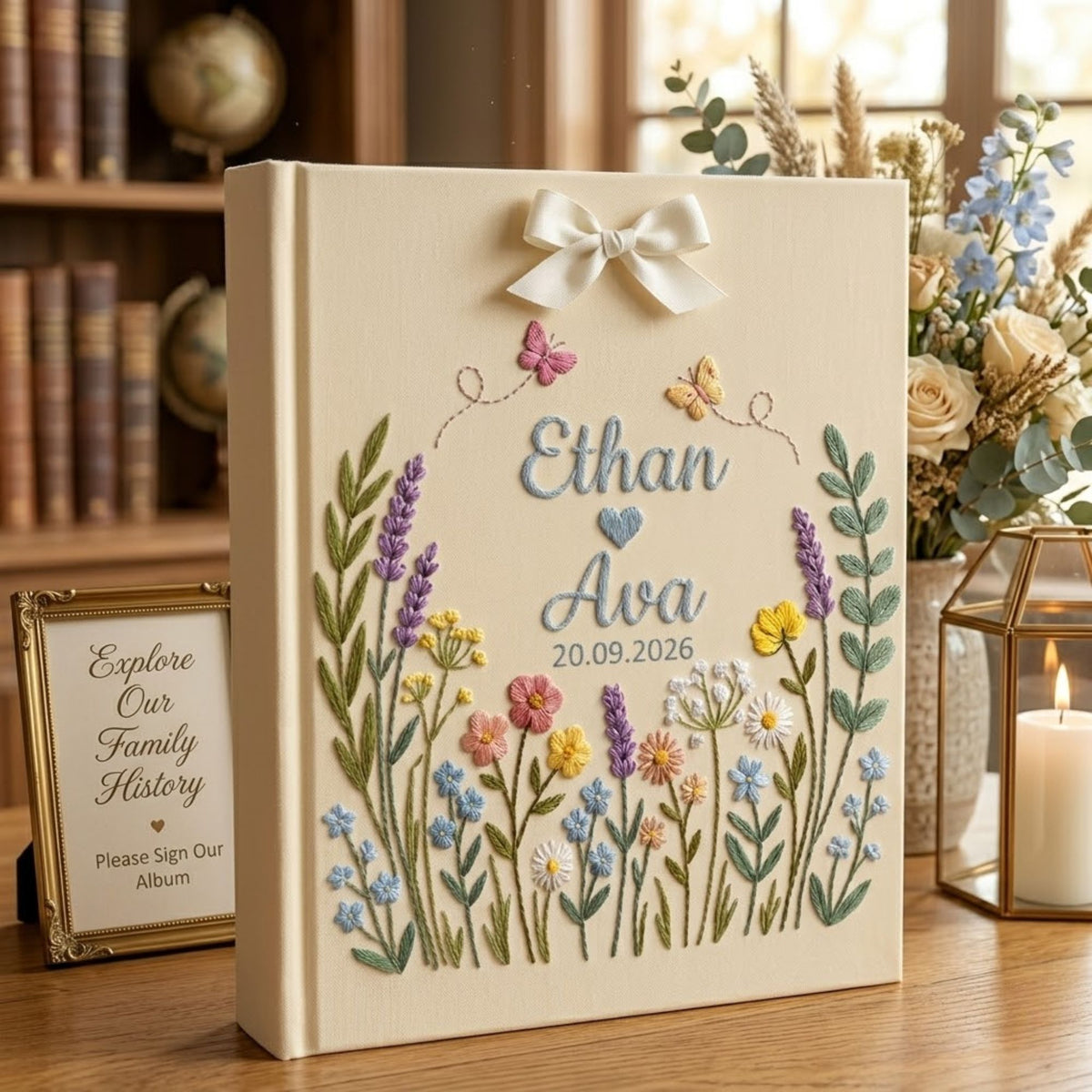 Personalized wildflower meadow hand embroidered photo album with custom names date butterflies and ribbon bow on linen cover