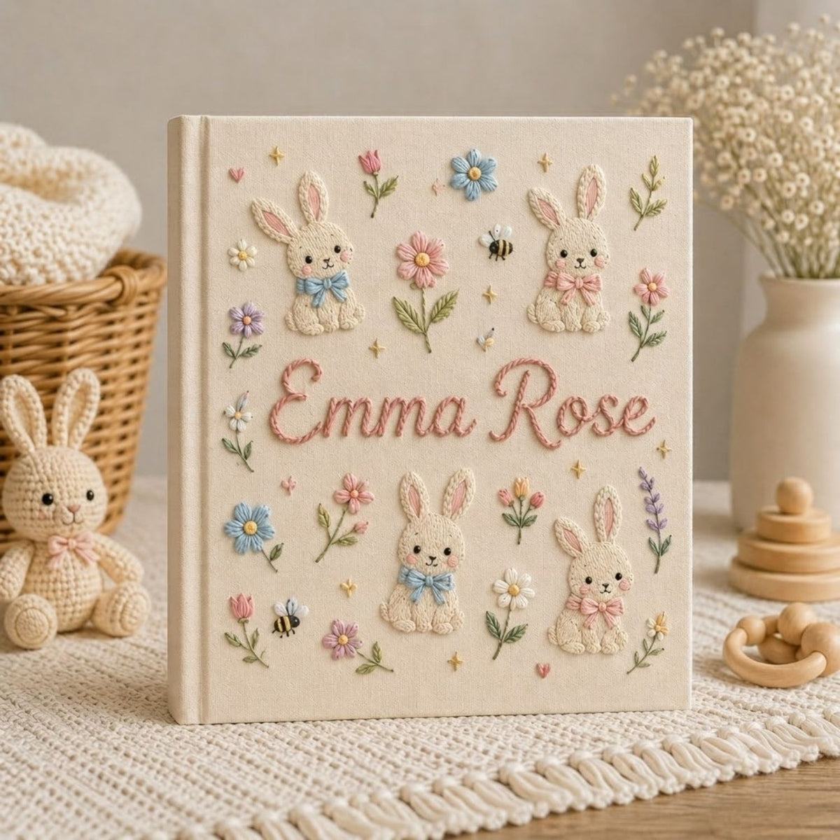 Hand Embroidered Baby Photo Album, Personalized Bunny Baby Album, Custom Name Memory Book, Floral Keepsake, Baby Shower Gift, Nursery