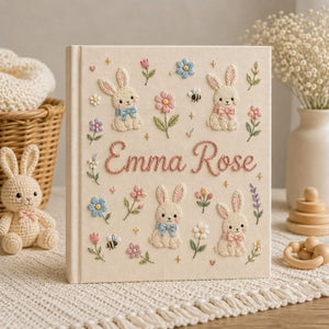 Hand Embroidered Baby Photo Album, Personalized Bunny Baby Album, Custom Name Memory Book, Floral Keepsake, Baby Shower Gift, Nursery