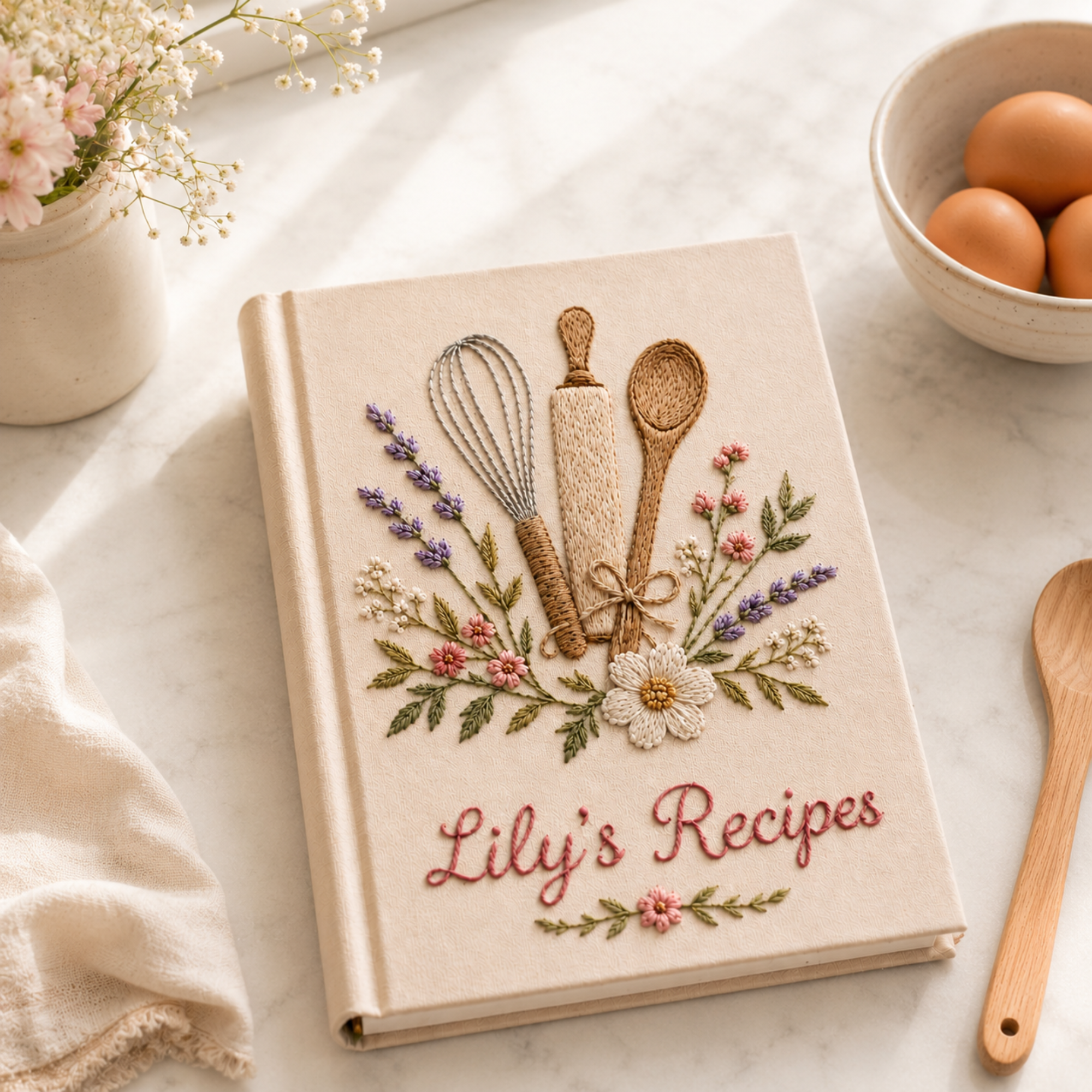 Personalized Embroidered Recipe Book, Floral Kitchen Embroidery Cookbook, Custom Kitchen Memory Journal, Handmade Gift for Baker