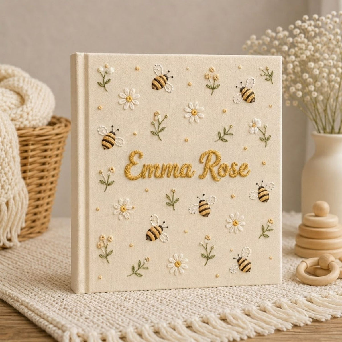 Hand Embroidered Baby Photo Album, Personalized Bee Baby Album, Custom Name Memory Book, Daisy Keepsake Gift, Nursery Decor
