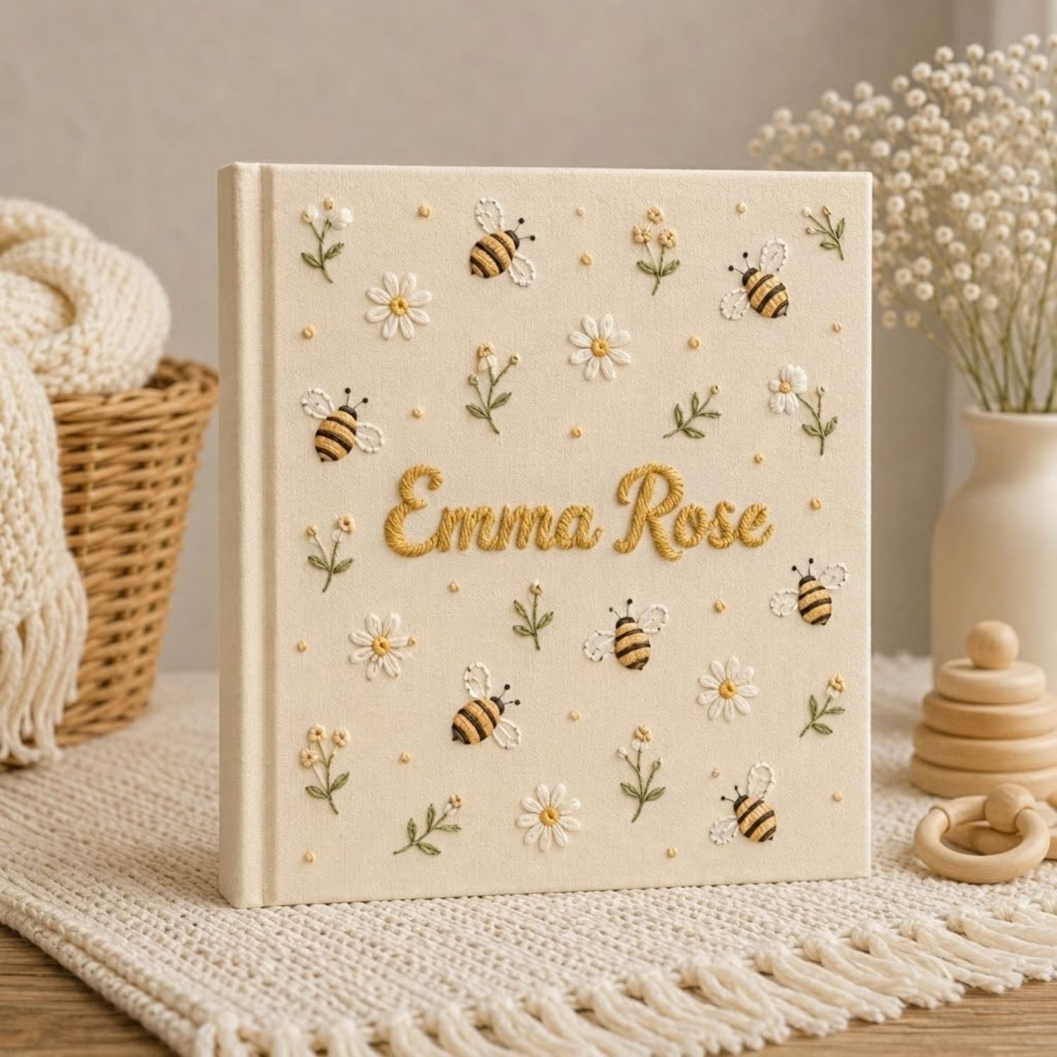 Hand Embroidered Baby Photo Album, Personalized Bee Baby Album, Custom Name Memory Book, Daisy Keepsake Gift, Nursery Decor