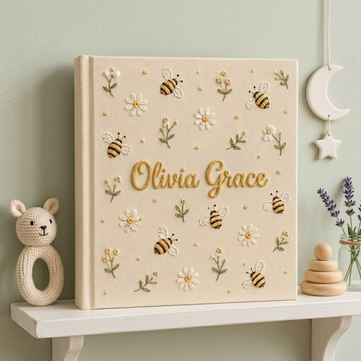 Hand Embroidered Baby Photo Album, Personalized Bee Baby Album, Custom Name Memory Book, Daisy Keepsake Gift, Nursery Decor