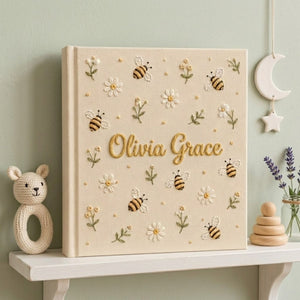 Hand Embroidered Baby Photo Album, Personalized Bee Baby Album, Custom Name Memory Book, Daisy Keepsake Gift, Nursery Decor