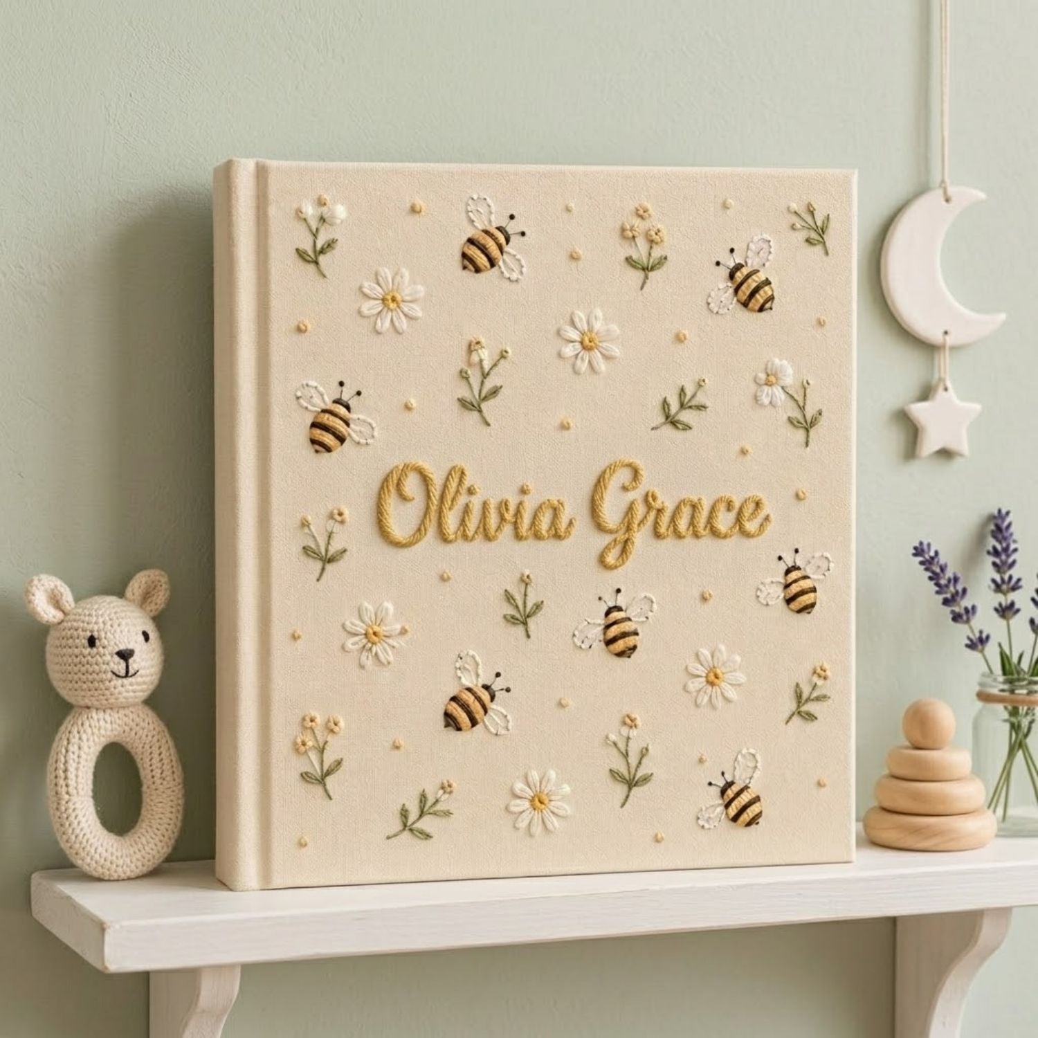 Hand Embroidered Baby Photo Album, Personalized Bee Baby Album, Custom Name Memory Book, Daisy Keepsake Gift, Nursery Decor