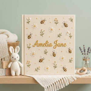 Hand Embroidered Baby Photo Album, Personalized Bee Baby Album, Custom Name Memory Book, Daisy Keepsake Gift, Nursery Decor
