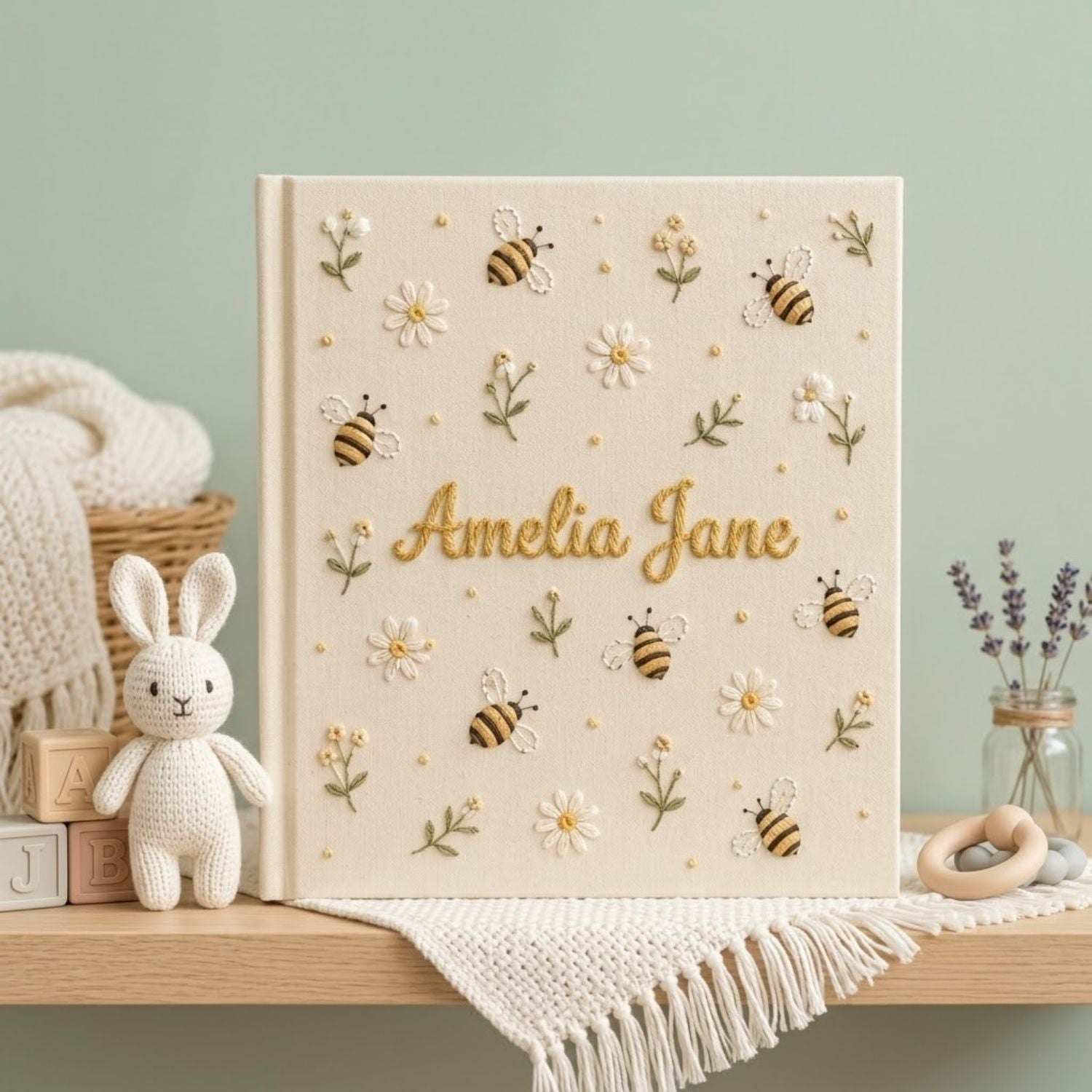Hand Embroidered Baby Photo Album, Personalized Bee Baby Album, Custom Name Memory Book, Daisy Keepsake Gift, Nursery Decor