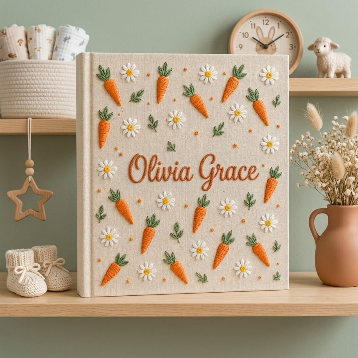 Hand Embroidered Baby Photo Album, Personalized Carrot Baby Album, Custom Name Memory Book, Daisy Keepsake, Baby Shower Gift, Nursery