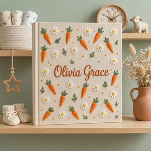 Hand Embroidered Baby Photo Album, Personalized Carrot Baby Album, Custom Name Memory Book, Daisy Keepsake, Baby Shower Gift, Nursery