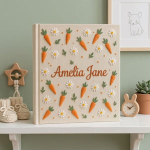 Hand Embroidered Baby Photo Album, Personalized Carrot Baby Album, Custom Name Memory Book, Daisy Keepsake, Baby Shower Gift, Nursery