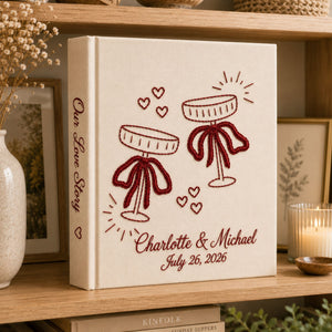 Custom Hand Embroidered Wedding Photo Album, Embroidered Champagne Glass Cake Linen Guest Book, Rustic Wedding Keepsake, Bridal Shower Gift