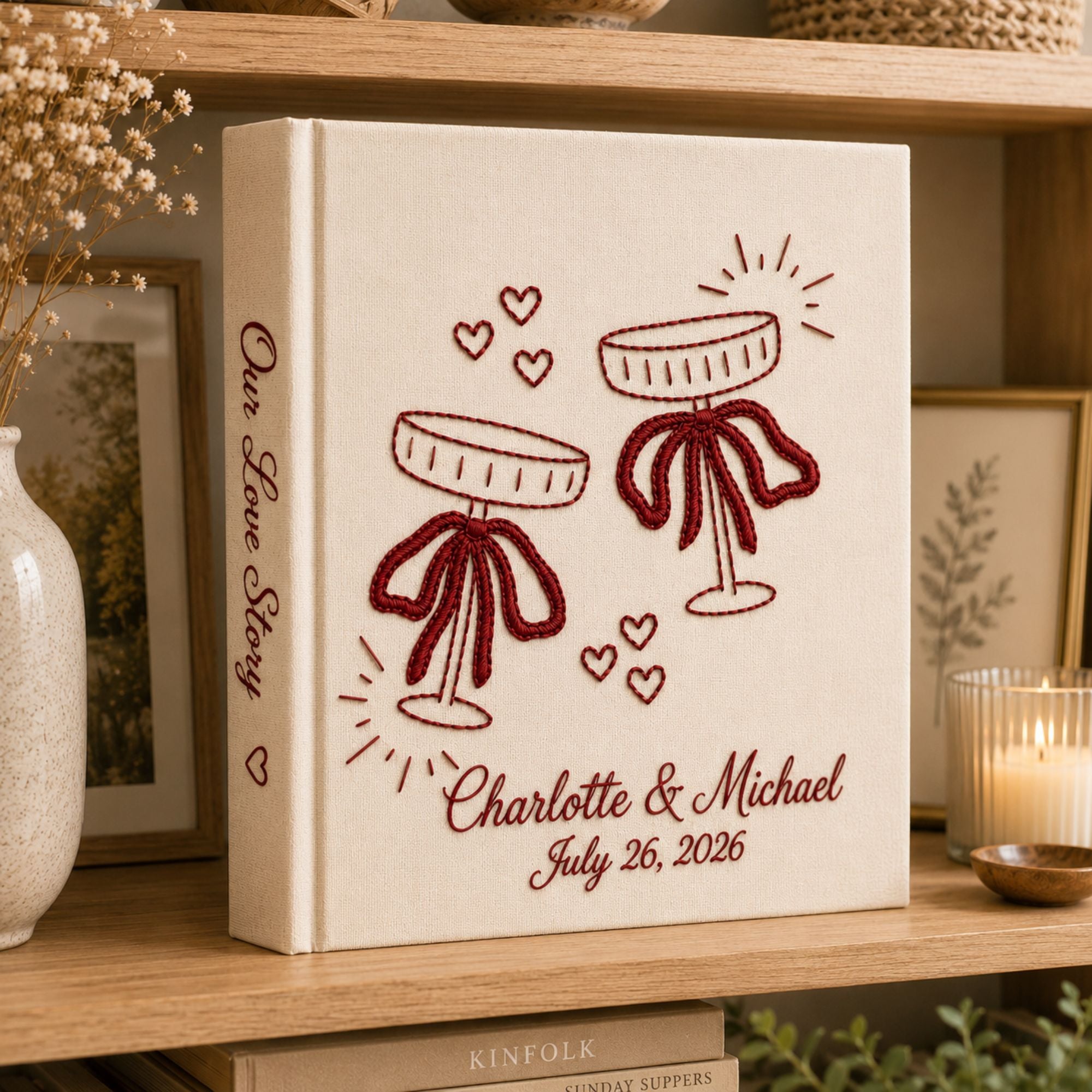 Custom Hand Embroidered Wedding Photo Album, Embroidered Champagne Glass Cake Linen Guest Book, Rustic Wedding Keepsake, Bridal Shower Gift