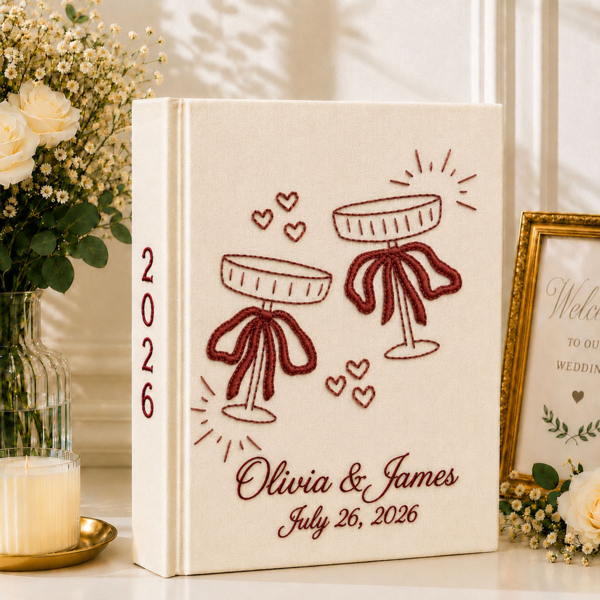 Custom Hand Embroidered Wedding Photo Album, Embroidered Champagne Glass Cake Linen Guest Book, Rustic Wedding Keepsake, Bridal Shower Gift