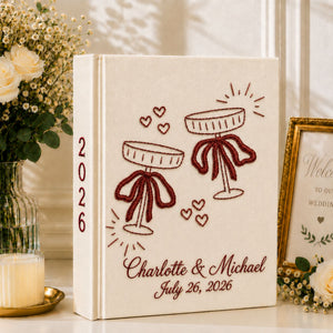 Custom Hand Embroidered Wedding Photo Album, Embroidered Champagne Glass Cake Linen Guest Book, Rustic Wedding Keepsake, Bridal Shower Gift