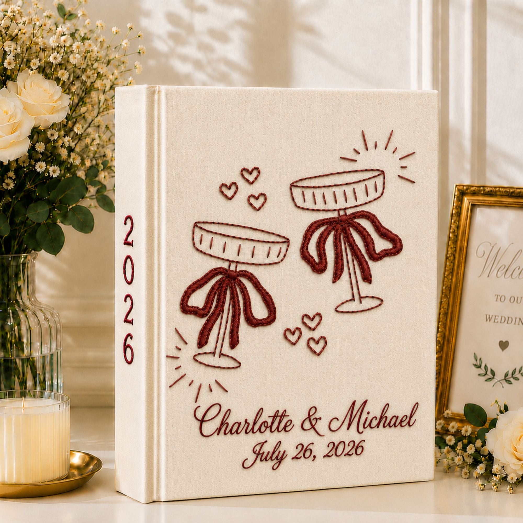 Custom Hand Embroidered Wedding Photo Album, Embroidered Champagne Glass Cake Linen Guest Book, Rustic Wedding Keepsake, Bridal Shower Gift