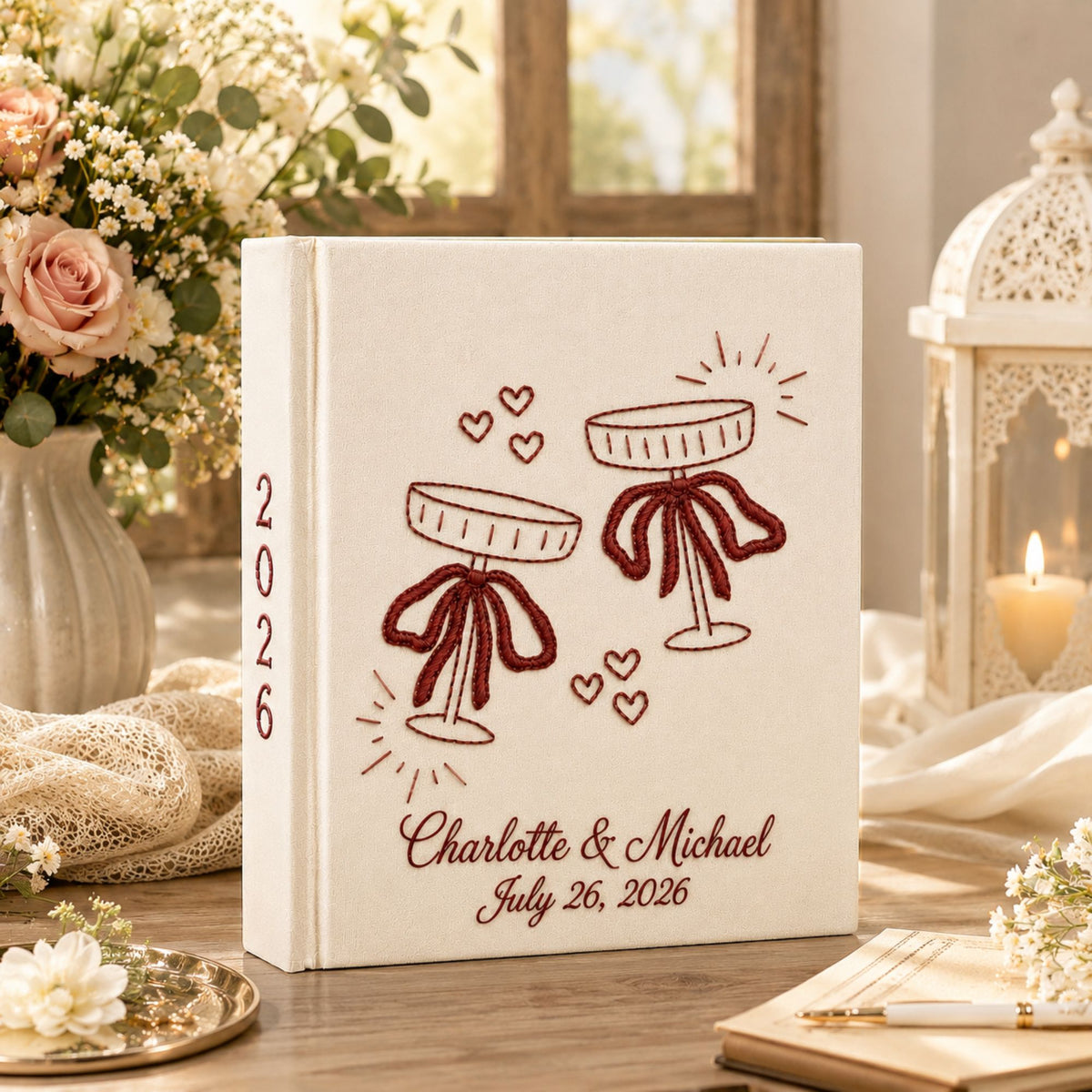 Custom Hand Embroidered Wedding Photo Album, Embroidered Champagne Glass Cake Linen Guest Book, Rustic Wedding Keepsake, Bridal Shower Gift