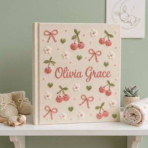 Hand Embroidered Baby Photo Album, Personalized Baby Album, Custom Baby Name Album, Cherry Floral Memory Book, Baby Shower Gift, Newborn Keepsake, Nursery Decor, First Year Photo Book