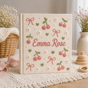 Hand Embroidered Baby Photo Album, Personalized Baby Album, Custom Baby Name Album, Cherry Floral Memory Book, Baby Shower Gift, Newborn Keepsake, Nursery Decor, First Year Photo Book