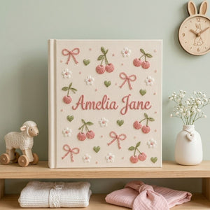 Hand Embroidered Baby Photo Album, Personalized Baby Album, Custom Baby Name Album, Cherry Floral Memory Book, Baby Shower Gift, Newborn Keepsake, Nursery Decor, First Year Photo Book