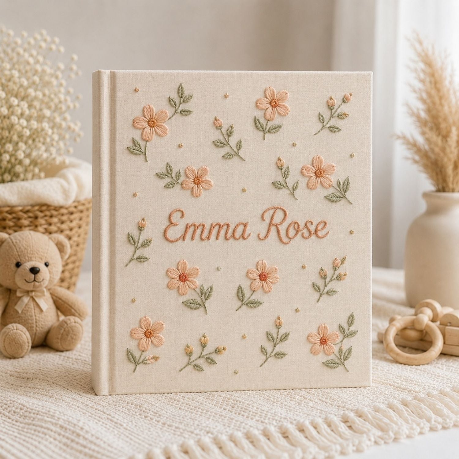 Hand Embroidered Baby Photo Album, Personalized Baby Album, Custom Baby Name Album, Floral Memory Book, Baby Shower Gift, Newborn Keepsake, Wildflower Baby Book, Nursery Decor, First Year Album