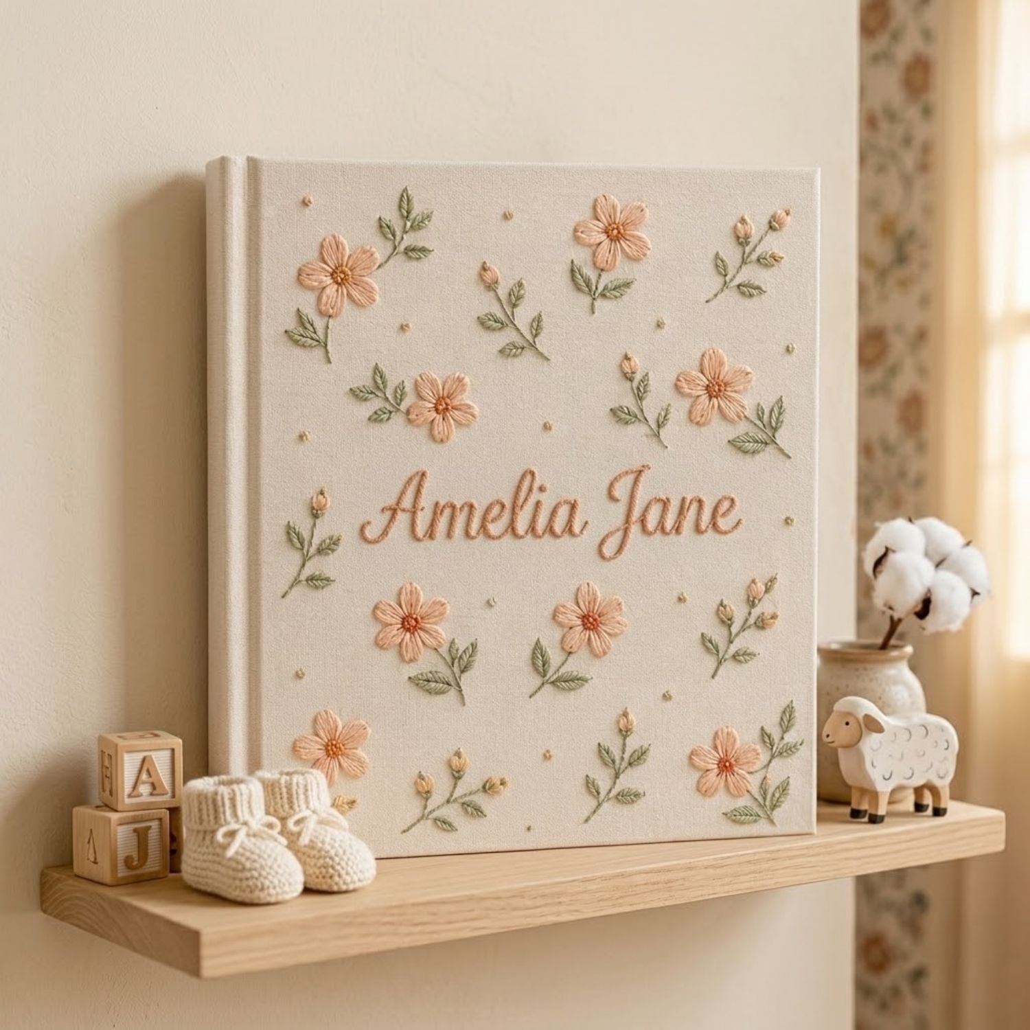Hand Embroidered Baby Photo Album, Personalized Baby Album, Custom Baby Name Album, Floral Memory Book, Baby Shower Gift, Newborn Keepsake, Wildflower Baby Book, Nursery Decor, First Year Album