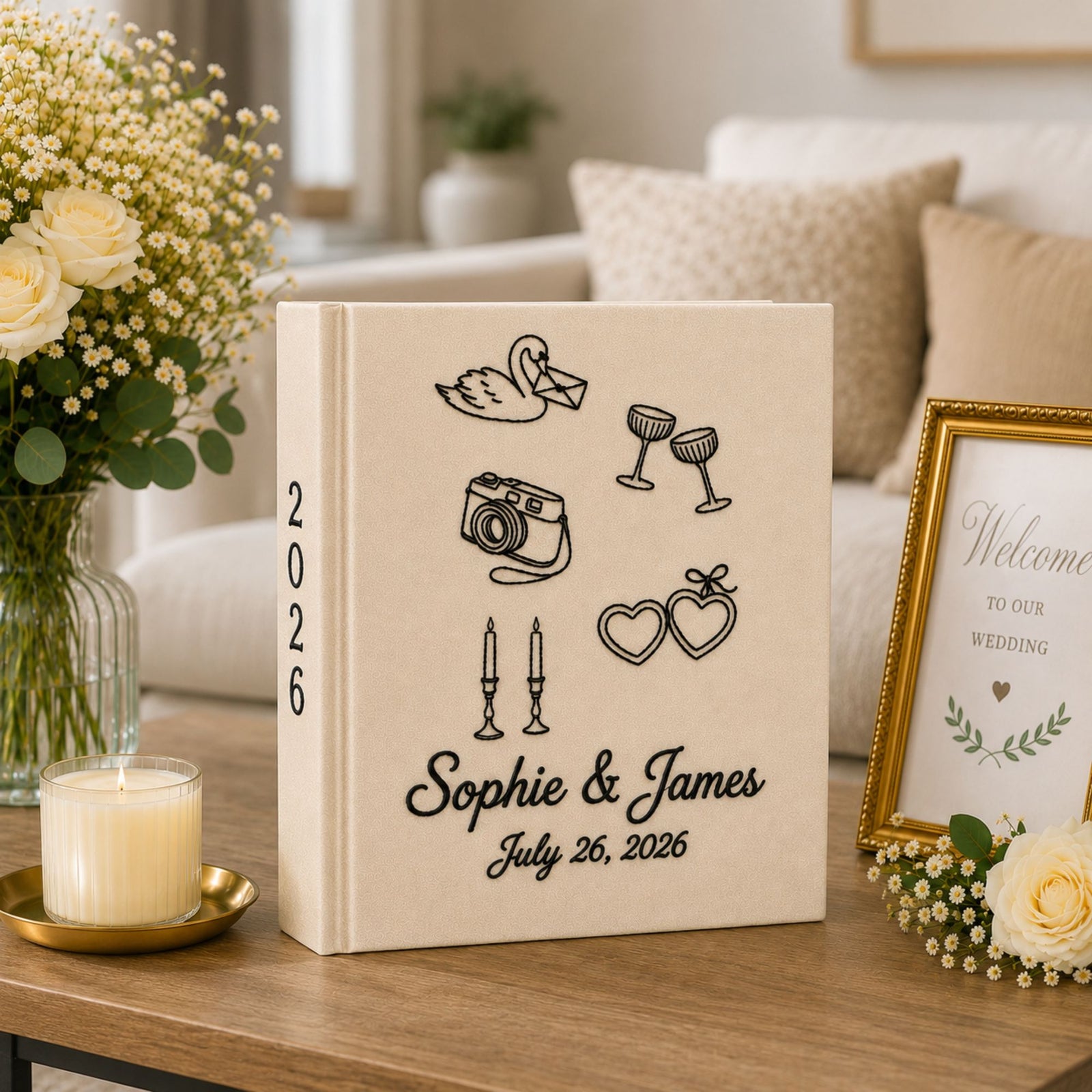 Personalized Hand Embroidered Wedding Photo Album, Embroidered Linen Cake Bouquet Guest Book, Rustic Wedding Keepsake, Bridal Shower Gift