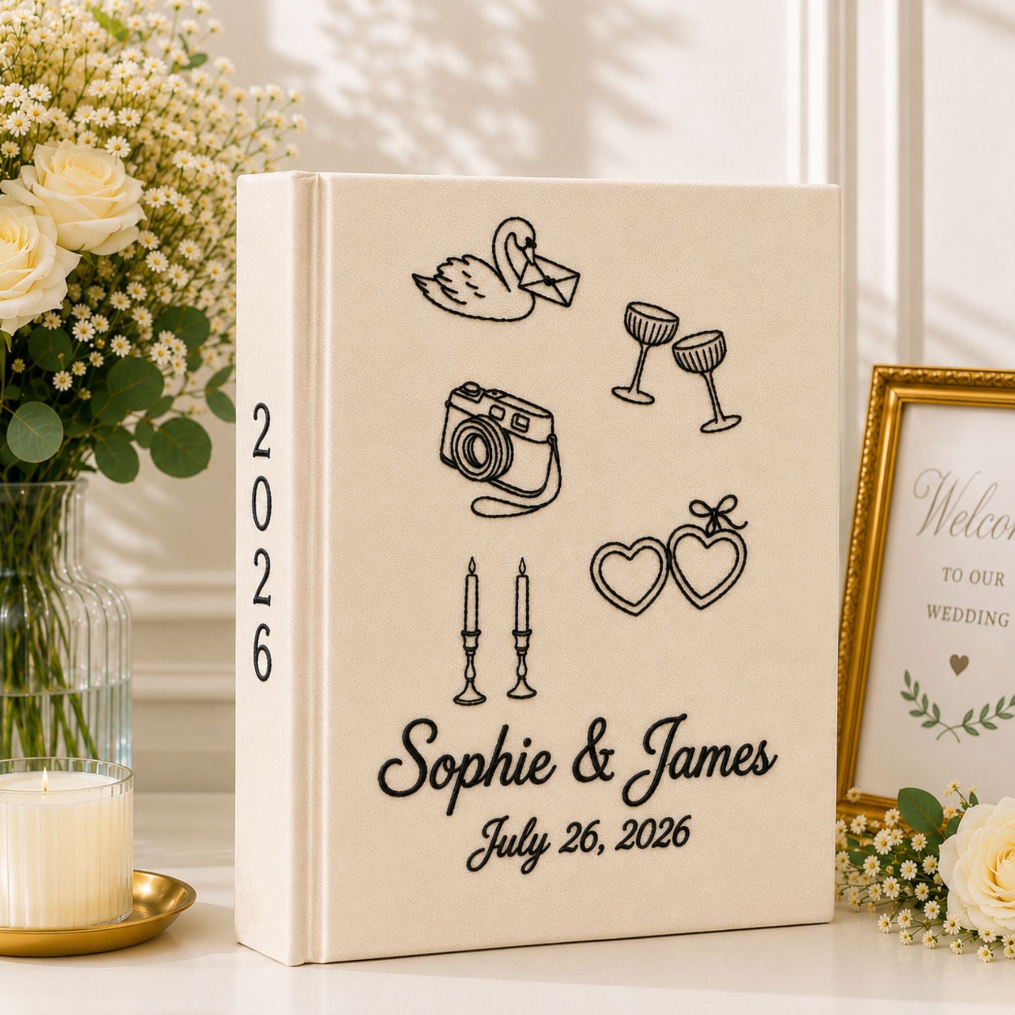 Personalized Hand Embroidered Wedding Photo Album, Embroidered Linen Cake Bouquet Guest Book, Rustic Wedding Keepsake, Bridal Shower Gift