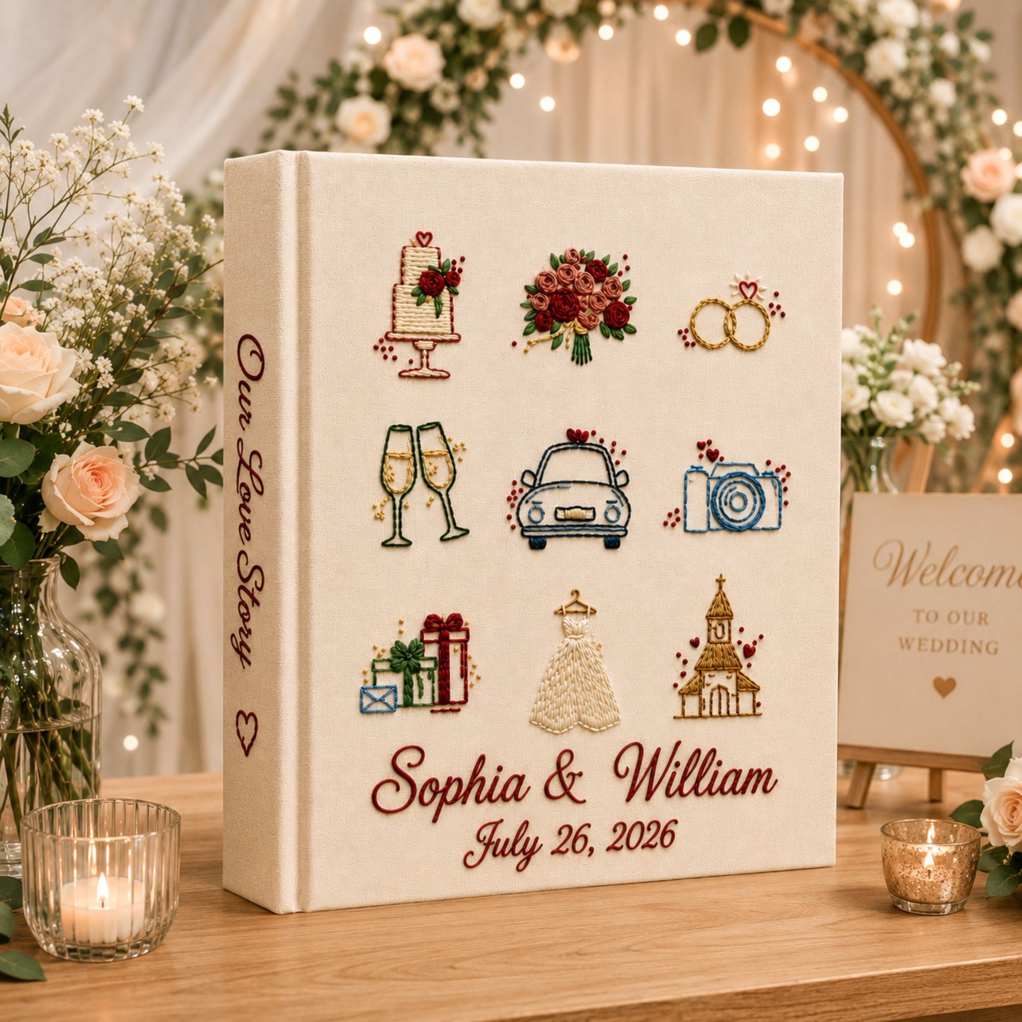 Personalized Hand Embroidered Wedding Photo Album, Embroidered Linen Cake Bouquet Guest Book, Rustic Wedding Keepsake, Bridal Shower Gift