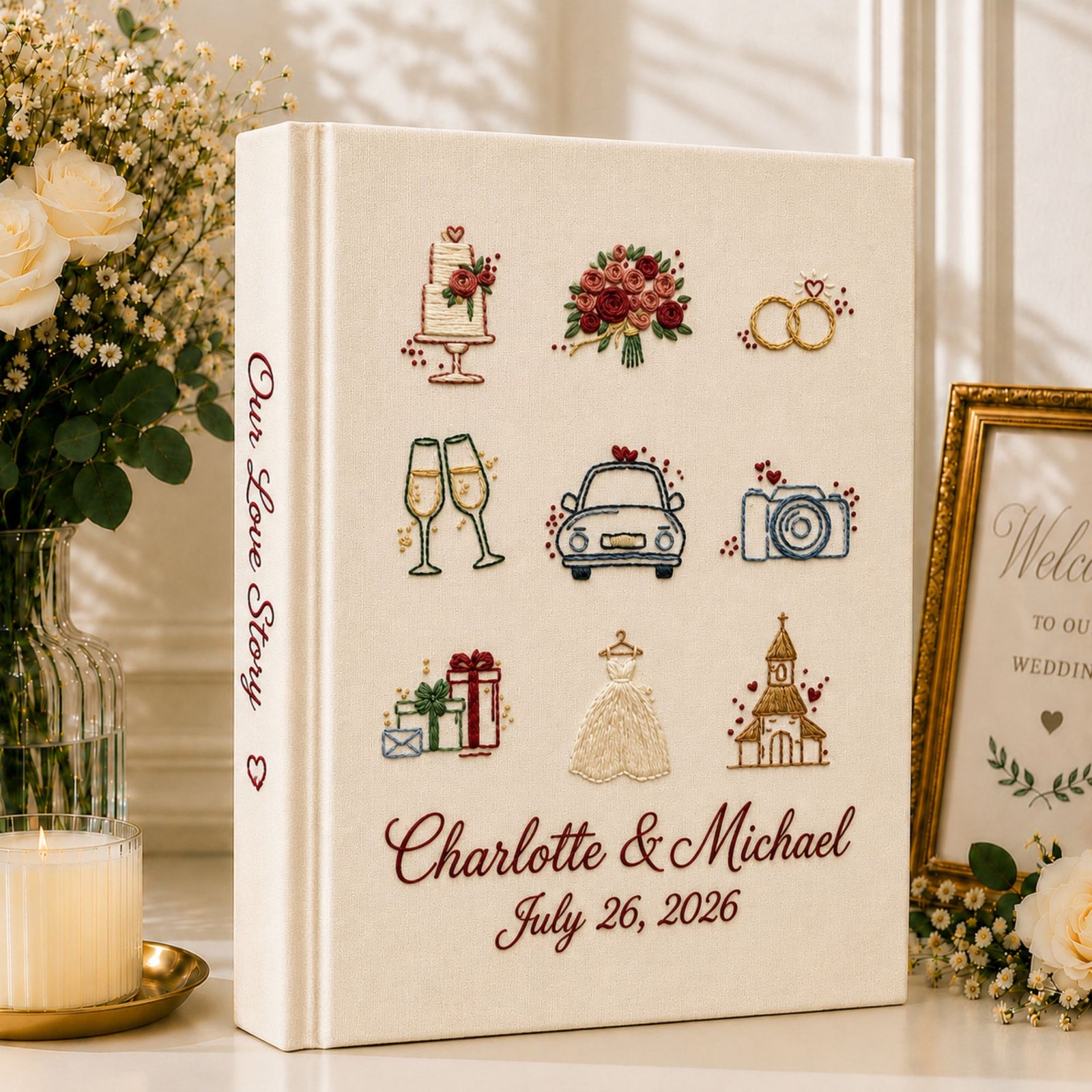 Personalized Hand Embroidered Wedding Photo Album, Embroidered Linen Cake Bouquet Guest Book, Rustic Wedding Keepsake, Bridal Shower Gift