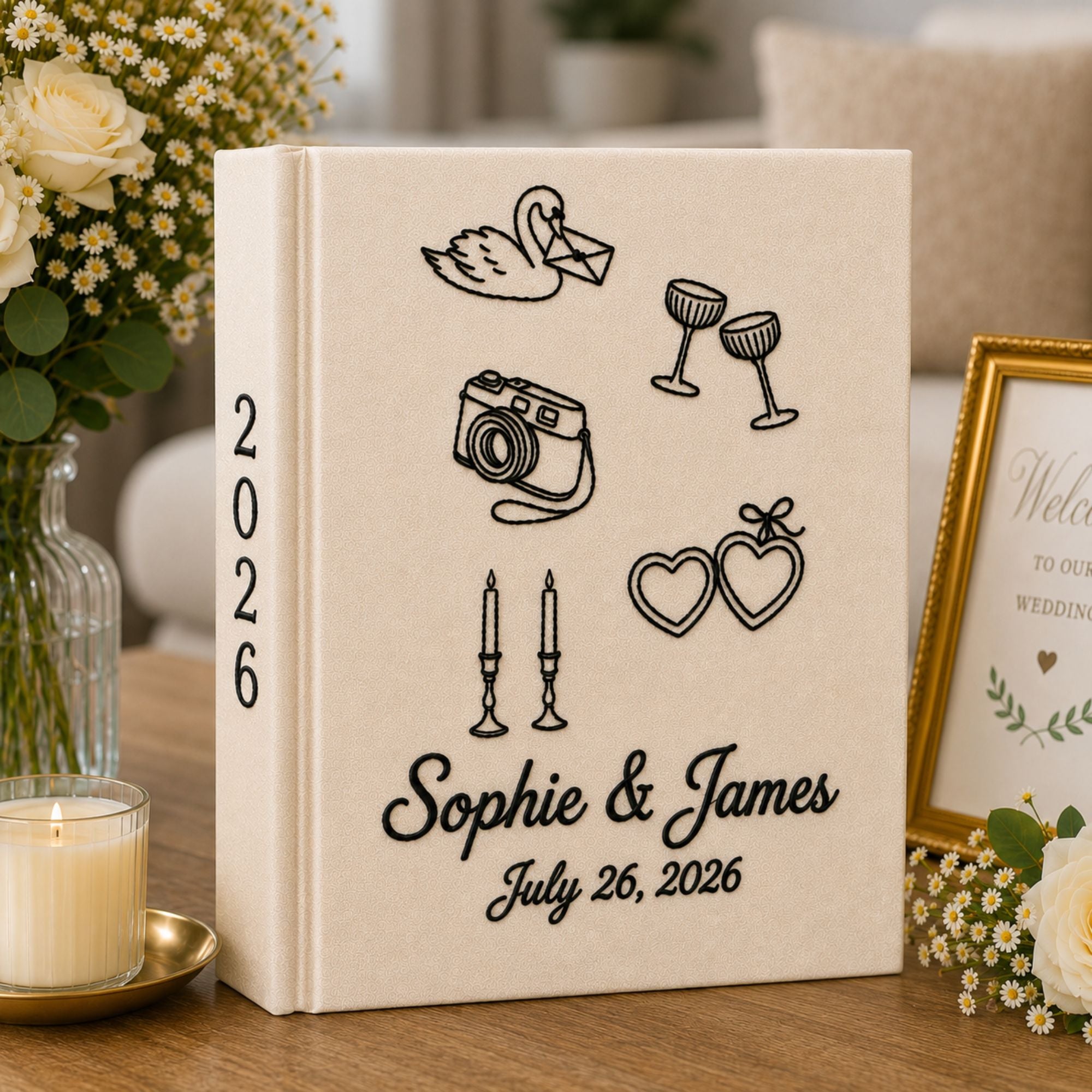 Personalized Hand Embroidered Wedding Photo Album, Embroidered Linen Cake Bouquet Guest Book, Rustic Wedding Keepsake, Bridal Shower Gift