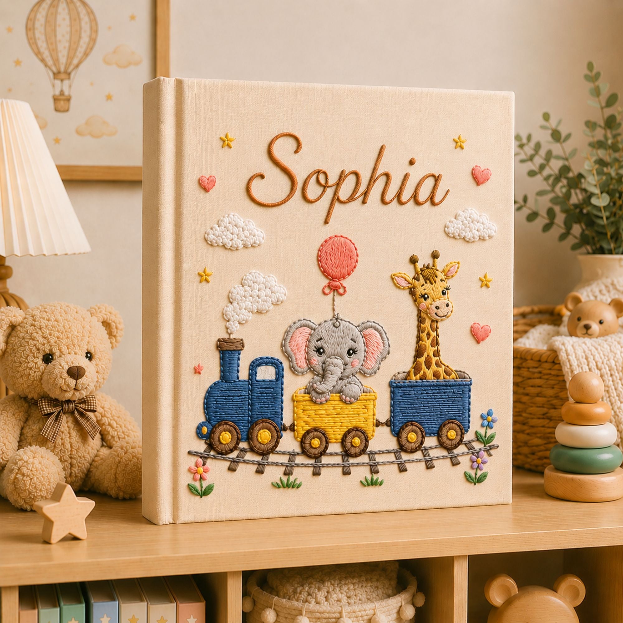 Custom Hand Embroidered Safari Baby Photo Album, Personalized Rainbow Animal Memory Book, Lion Elephant Giraffe Baby Book, Baby Shower Gift