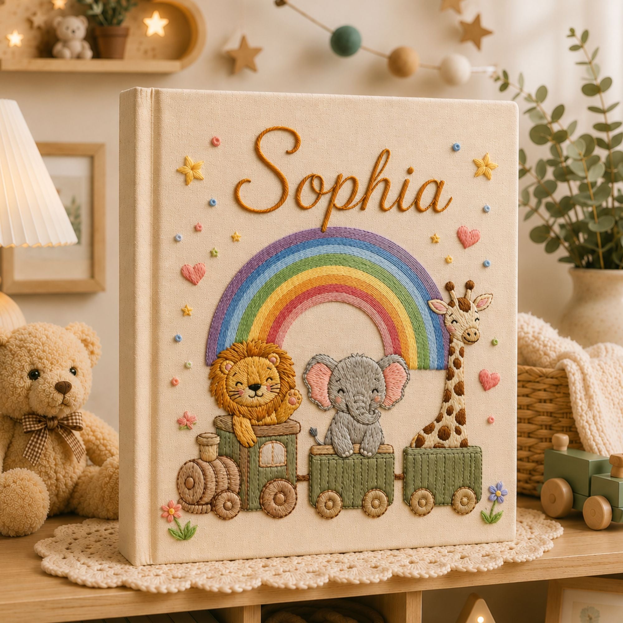 Custom Hand Embroidered Safari Baby Photo Album, Personalized Rainbow Animal Memory Book, Lion Elephant Giraffe Baby Book, Newborn Gift