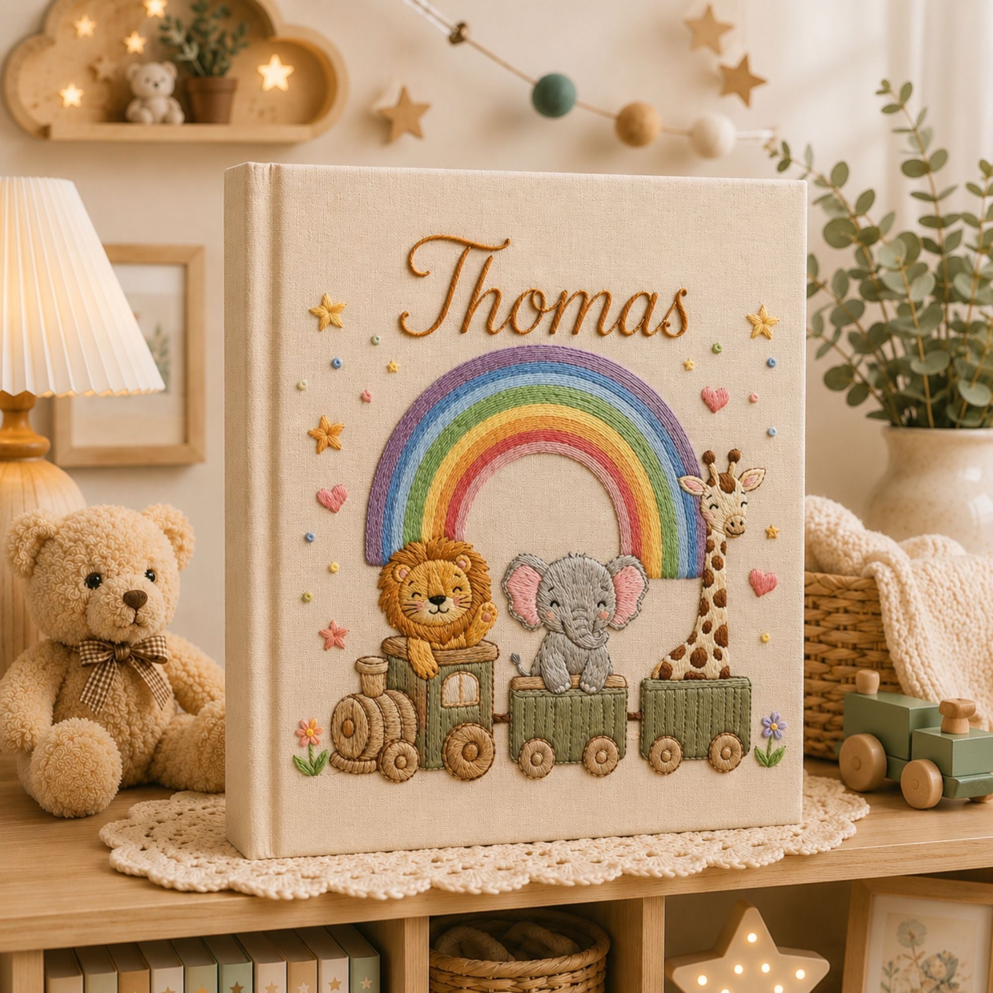 Custom Hand Embroidered Safari Baby Photo Album, Personalized Rainbow Animal Memory Book, Lion Elephant Giraffe Baby Book, Newborn Gift